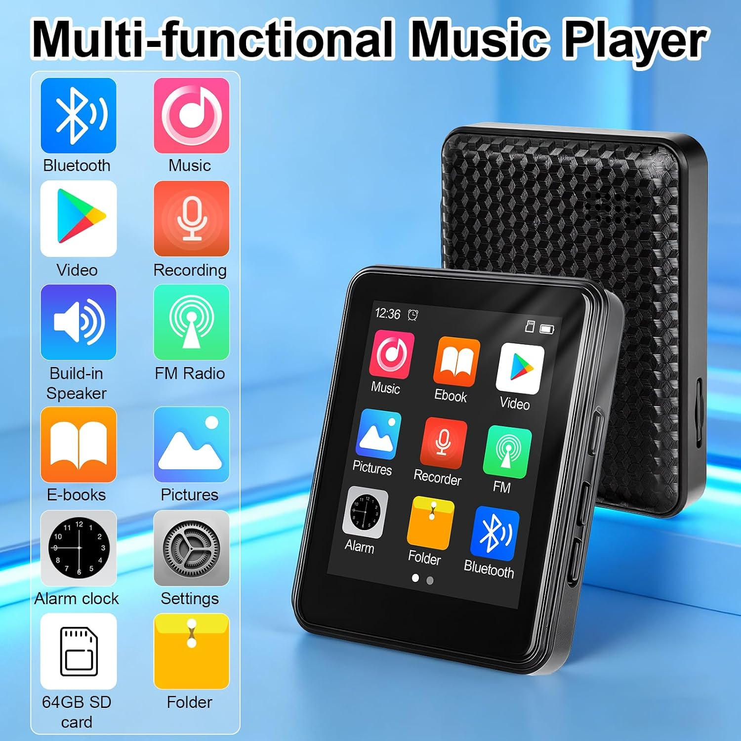 Ein multifunktionaler Musikplayer mit Farbdisplay und App-Symbolen auf blauem Hintergrund.