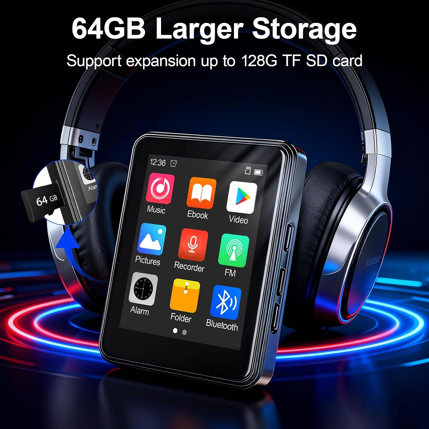 MP3-Player mit Touchscreen und Kopfhörern, zeigt das Menü und einen SD-Kartensteckplatz.