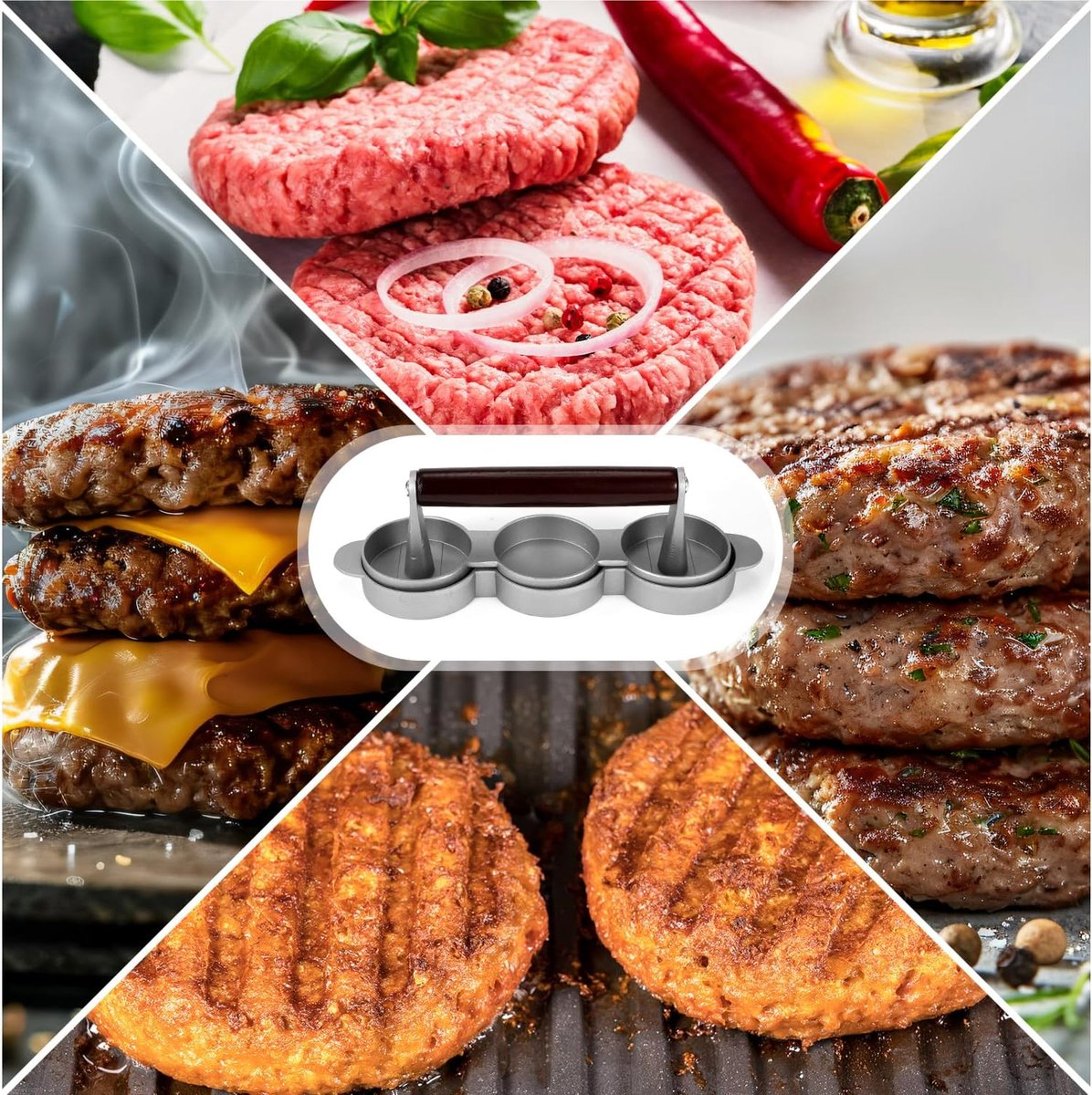 Collage zeigt rohe und gegrillte Burgerpatties, Chili, Zwiebeln und ein dreifaches Burgerpressen-Werkzeug.