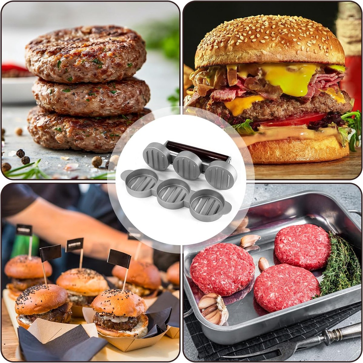 Eine Collage zeigt rohe und gekochte Burgerpatties, einen großen Cheeseburger, kleine Slider und eine Burgerpresse.