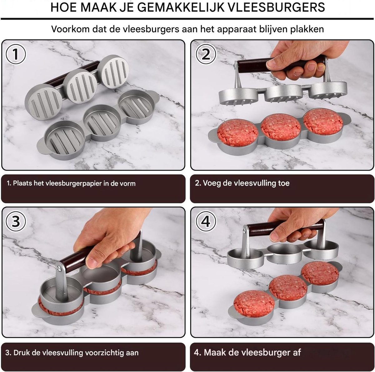 Vier Schritte zur Verwendung einer dreifachen Burgerpresse zur einfachen Herstellung von Fleischpatties.