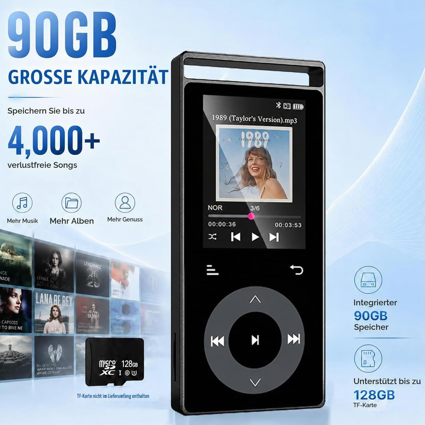 Schwarzer MP3-Player mit Farbdisplay, Navigationstasten und Texten zu großer Kapazität und Speicher.