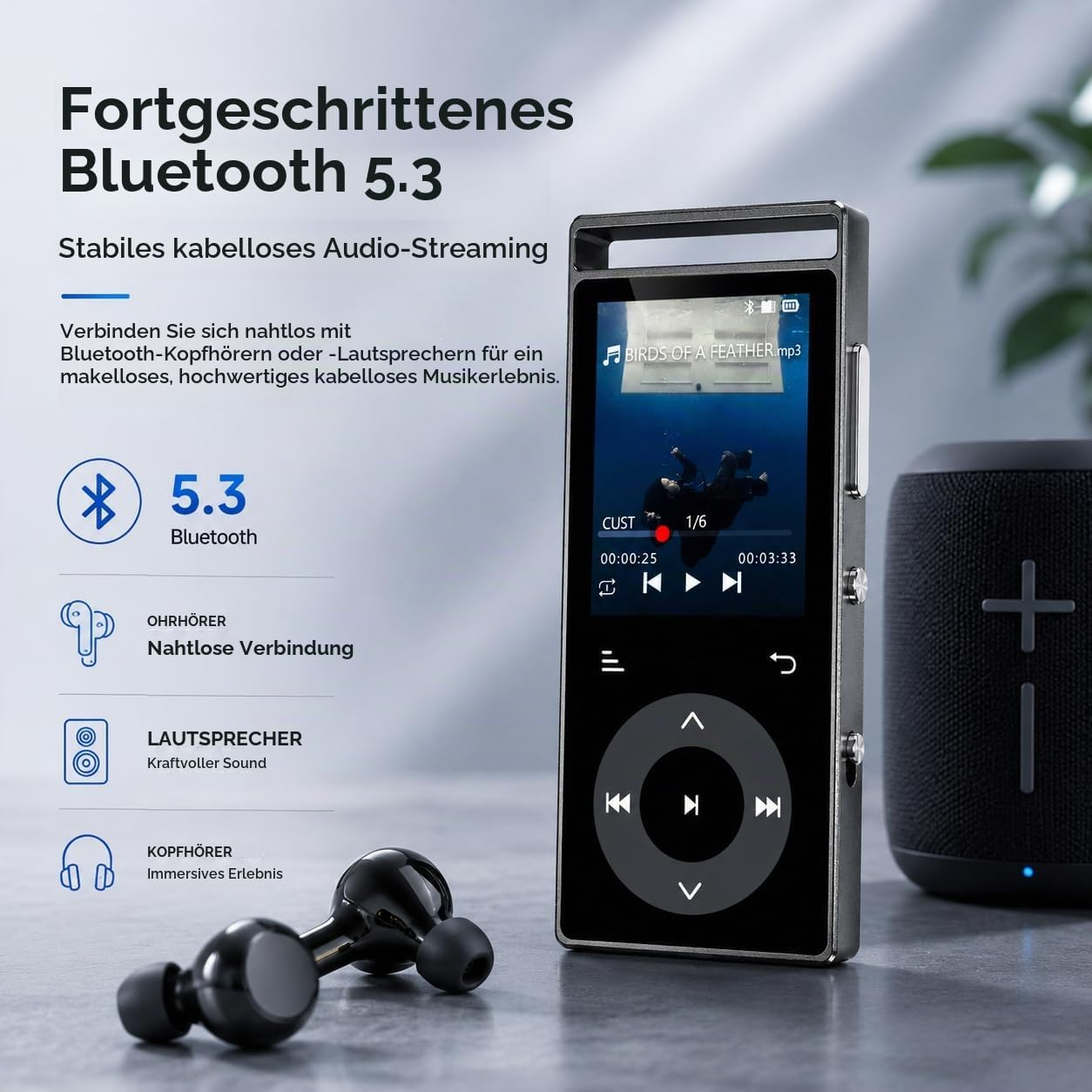 Ein schwarzer MP3-Player mit Display, physischen Tasten, Ohrhörern und Lautsprecher vor grauem Hintergrund mit Text.