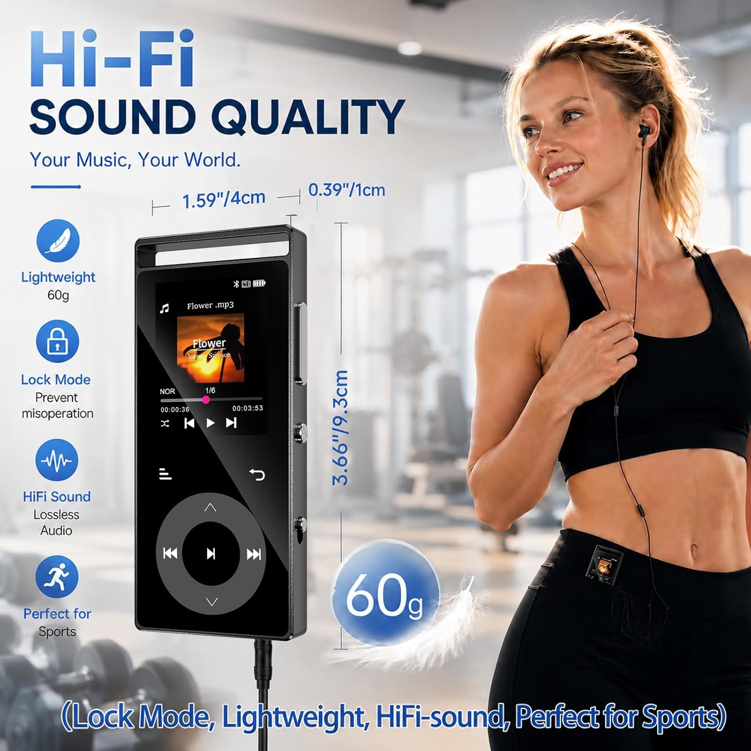 Sportliche Frau mit Kopfhörern neben einem schwarzen MP3-Player mit Hi-Fi-Klang und Produktdimensionen.