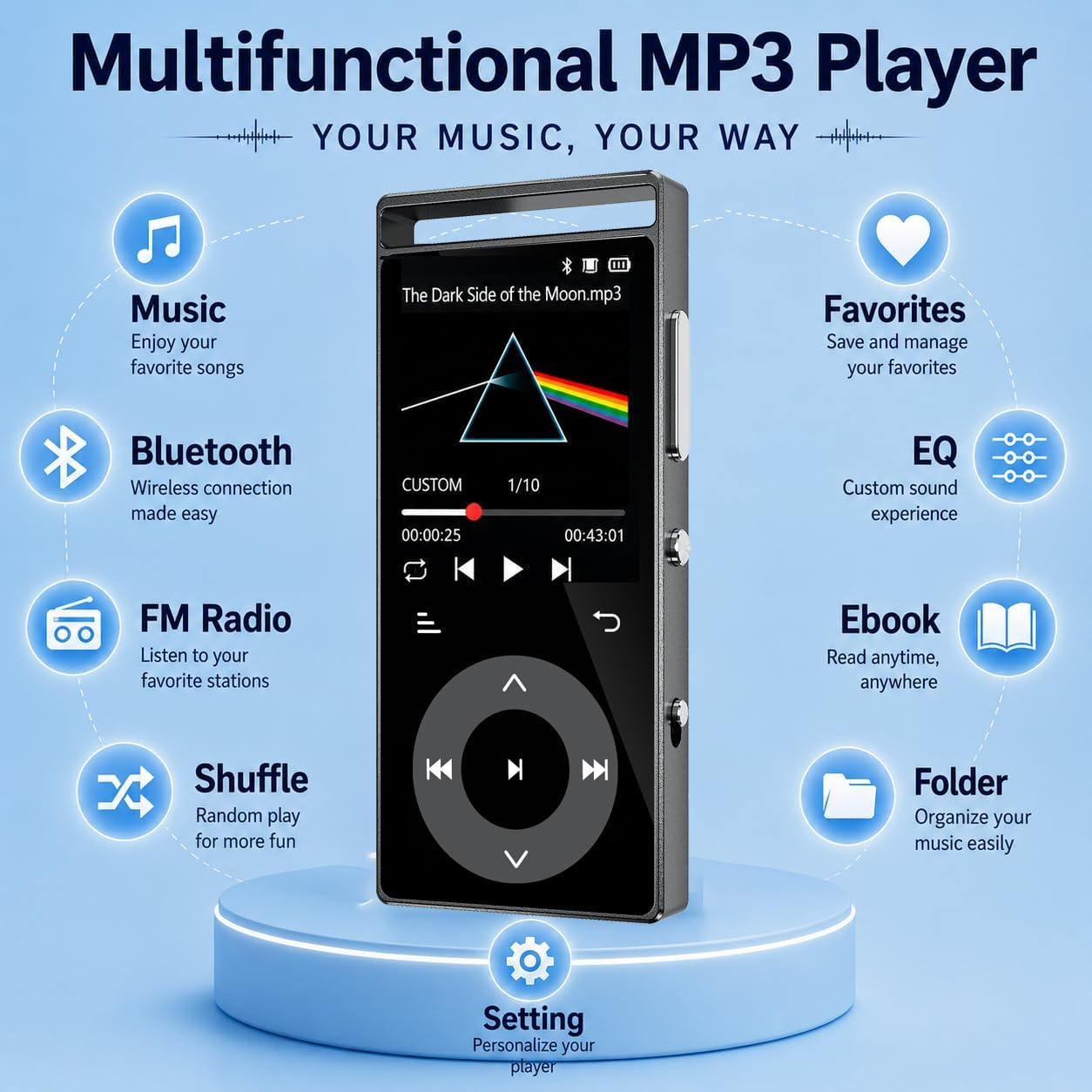 Ein multifunktionaler MP3-Player auf einem blauen Podest mit umgebenden Symbolen für Musik, Bluetooth, Radio und mehr.
