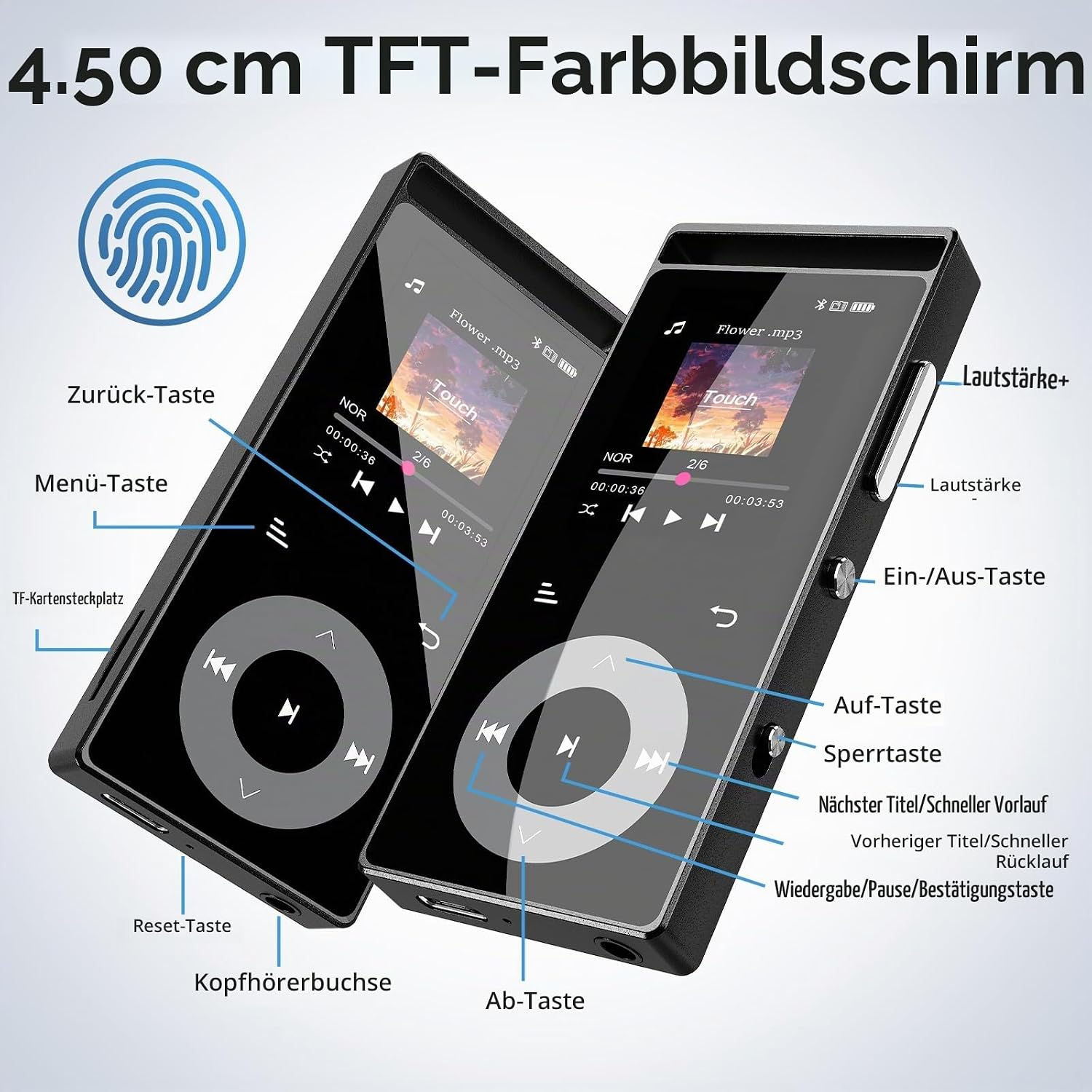 Diagramm eines MP3-Players mit Tasten und Funktionen in deutscher Sprache.