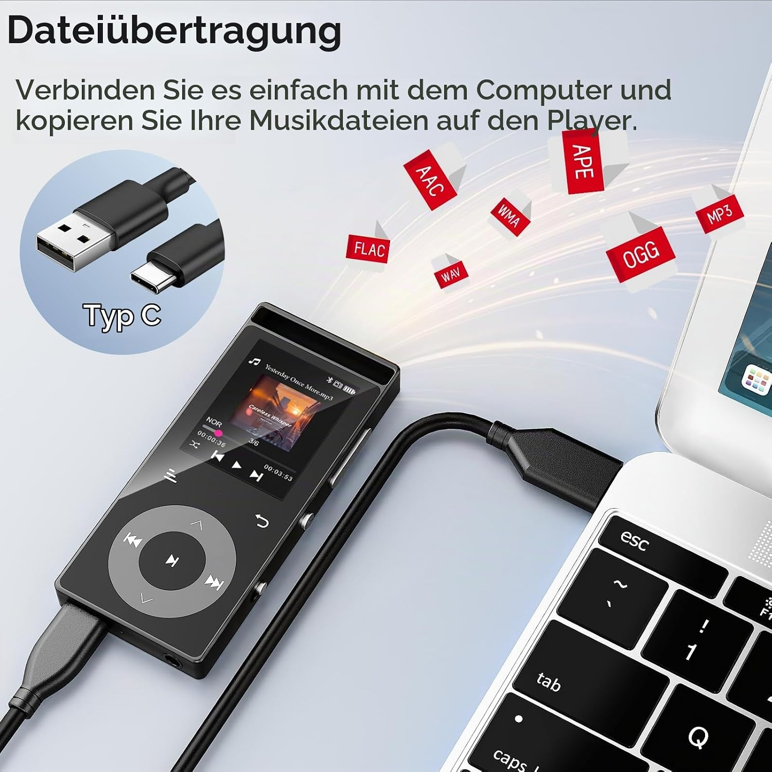 MP3-Player per Kabel mit einem Laptop verbunden, Musikdateien fliegen heraus.