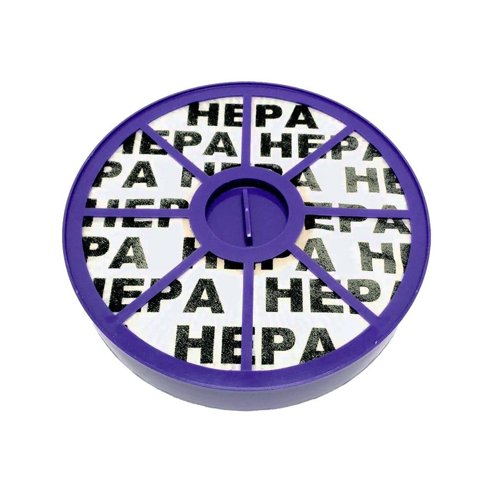 Ein runder, violetter HEPA-Filter mit schwarzer Beschriftung auf weißem Grund, mit zentraler Nabe und Stützstreben.