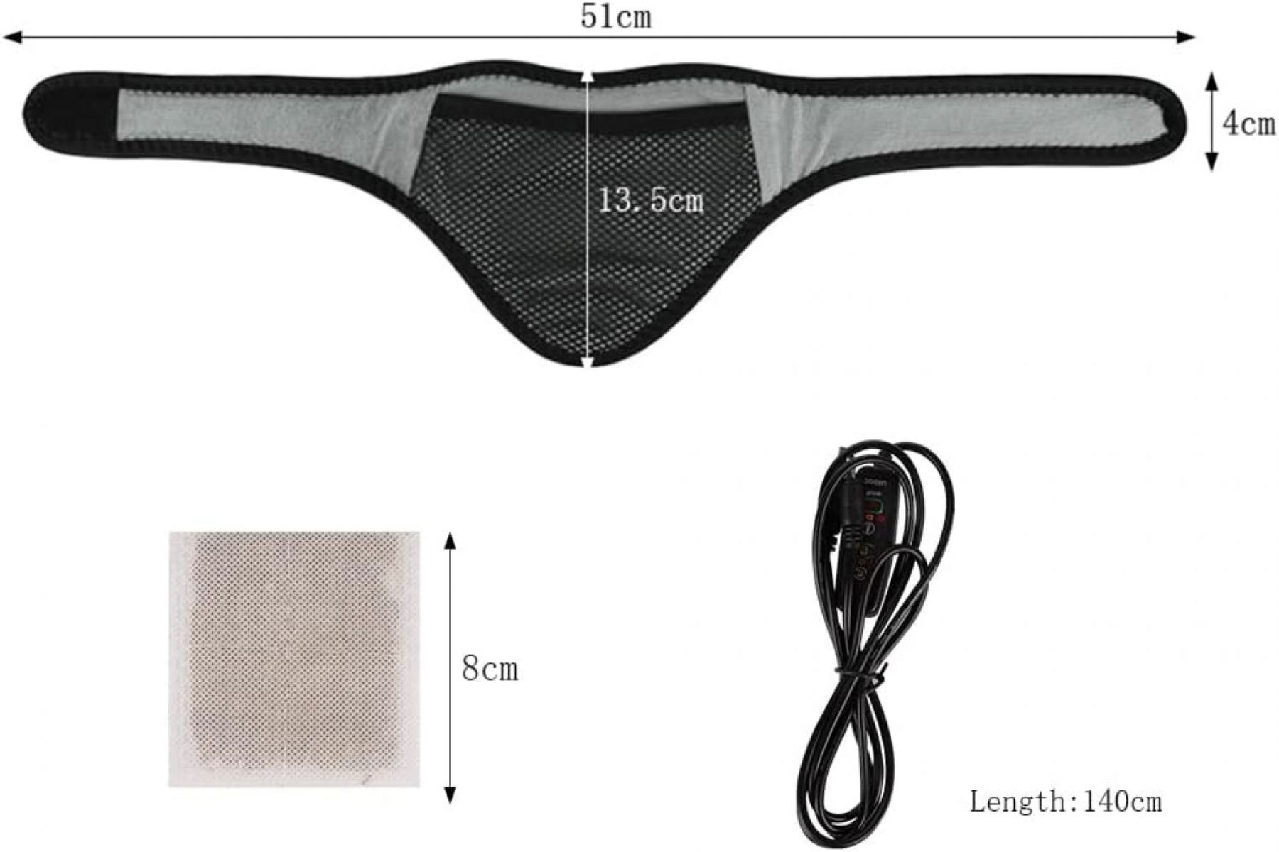 Heizgürtel mit Maßen, kleiner Einlage und langem Kabel auf weißem Hintergrund.
