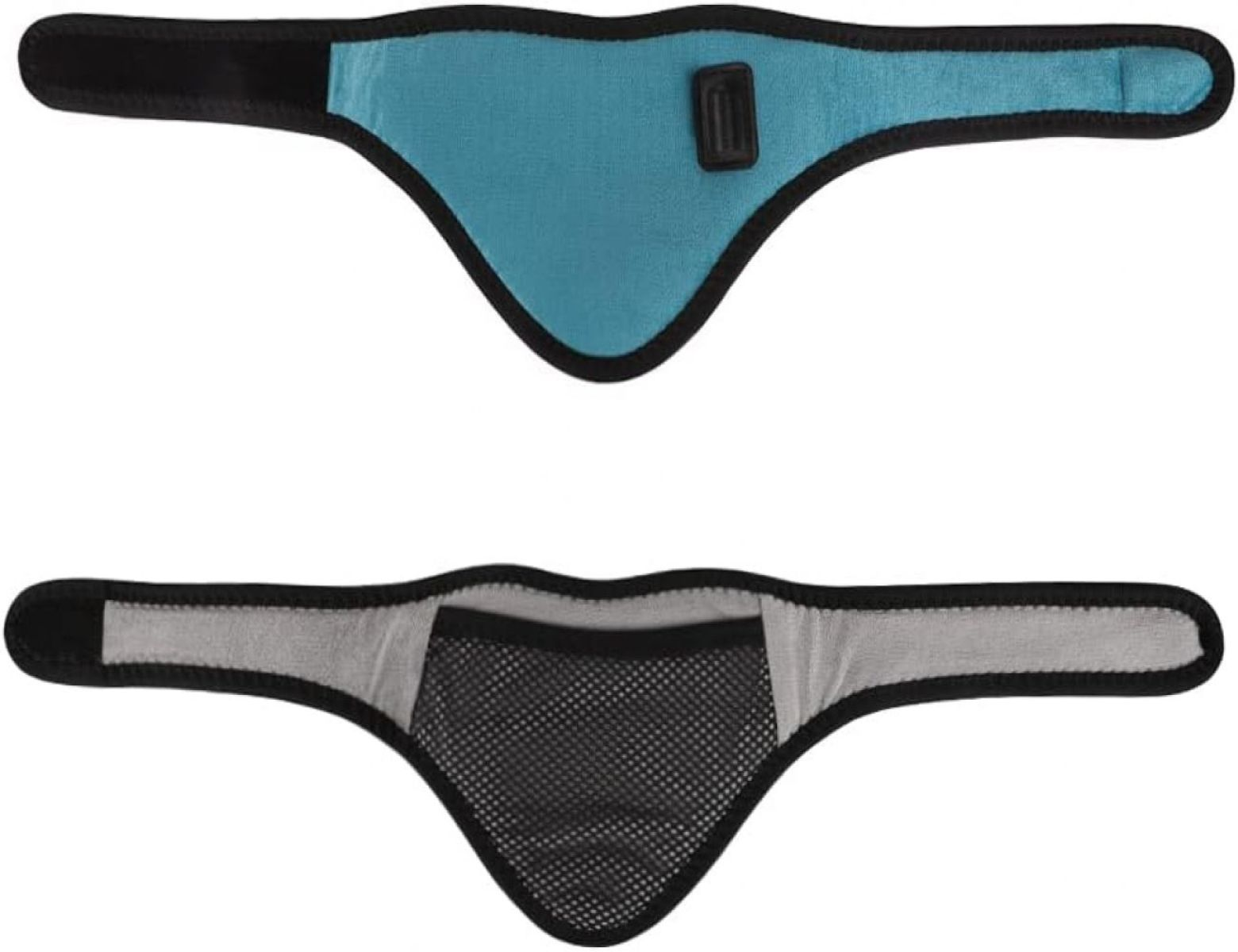 Ein blau-schwarzes Sportband mit Netztasche auf einer Seite vor weißem Hintergrund.
