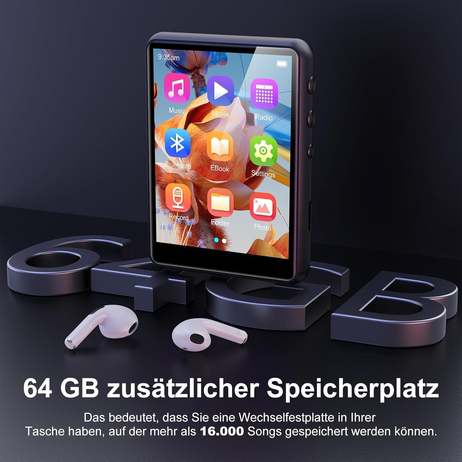 Ein MP3-Player steht auf der Aufschrift 64GB mit Kopfhörern und deutschem Text.