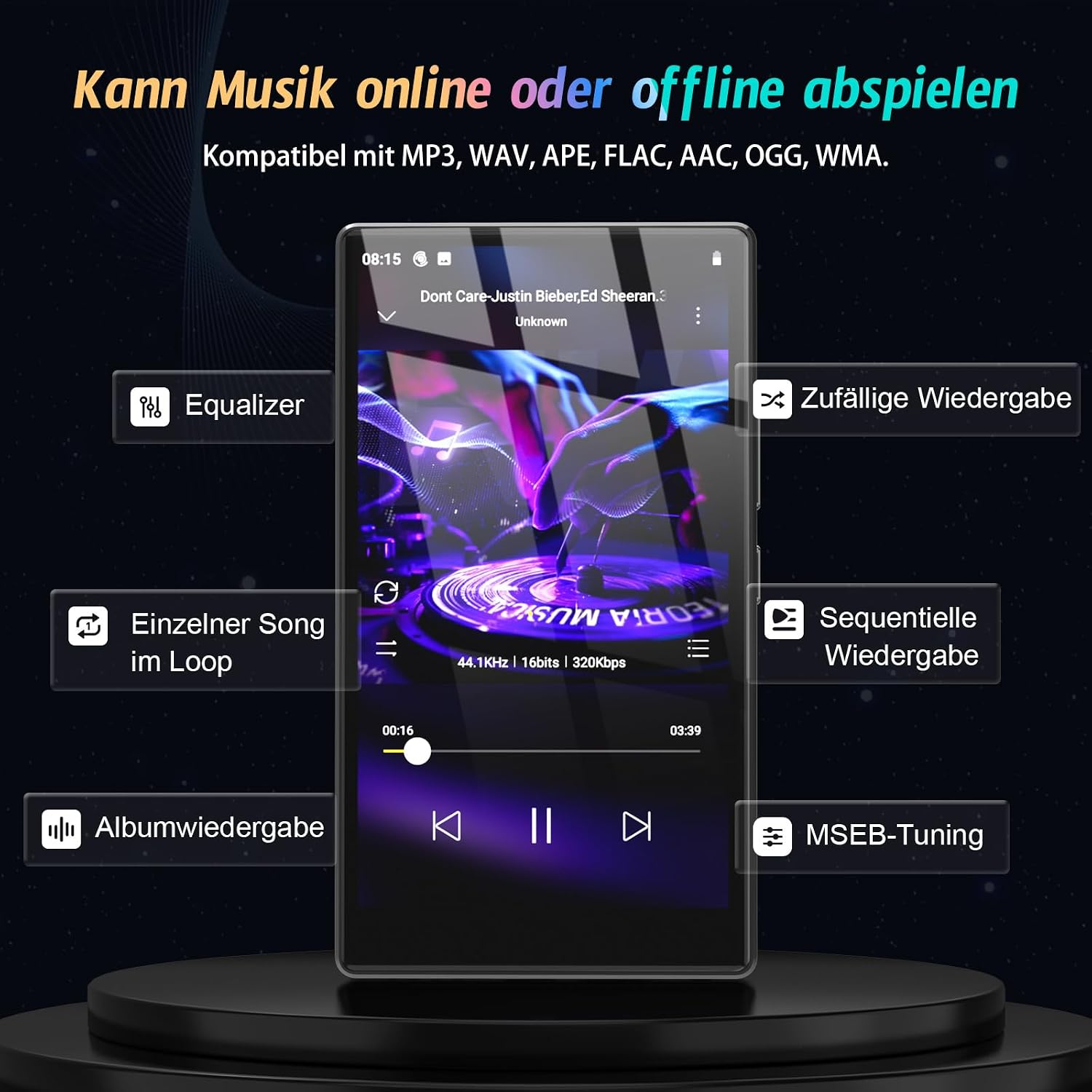 Ein tragbarer Musikplayer mit Touchscreen, auf dem ein DJ-Pult zu sehen ist, und verschiedenen Softwarefunktionen.