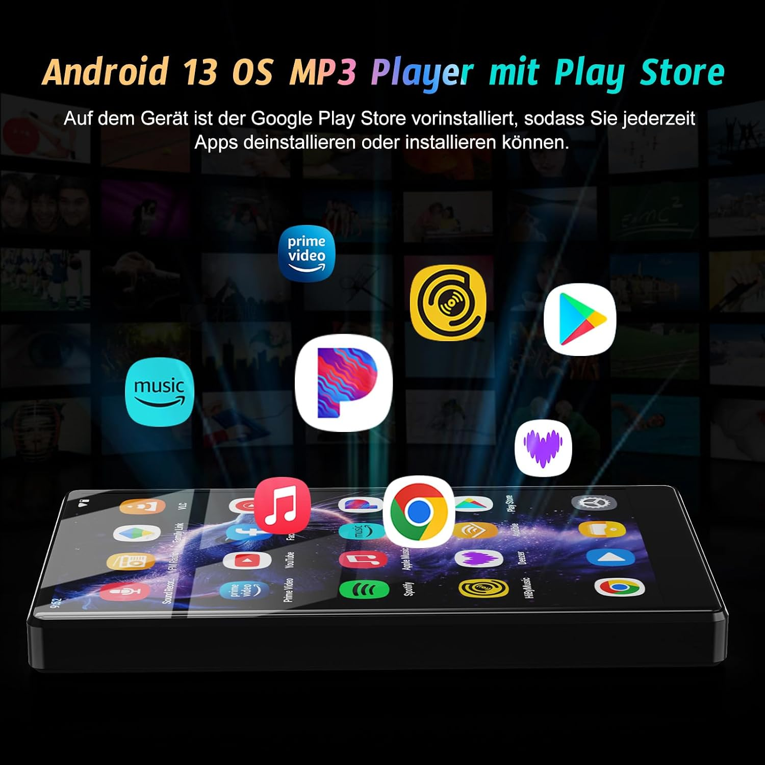 Android 13 MP3-Player mit Apps, die aus dem Display aufsteigen.