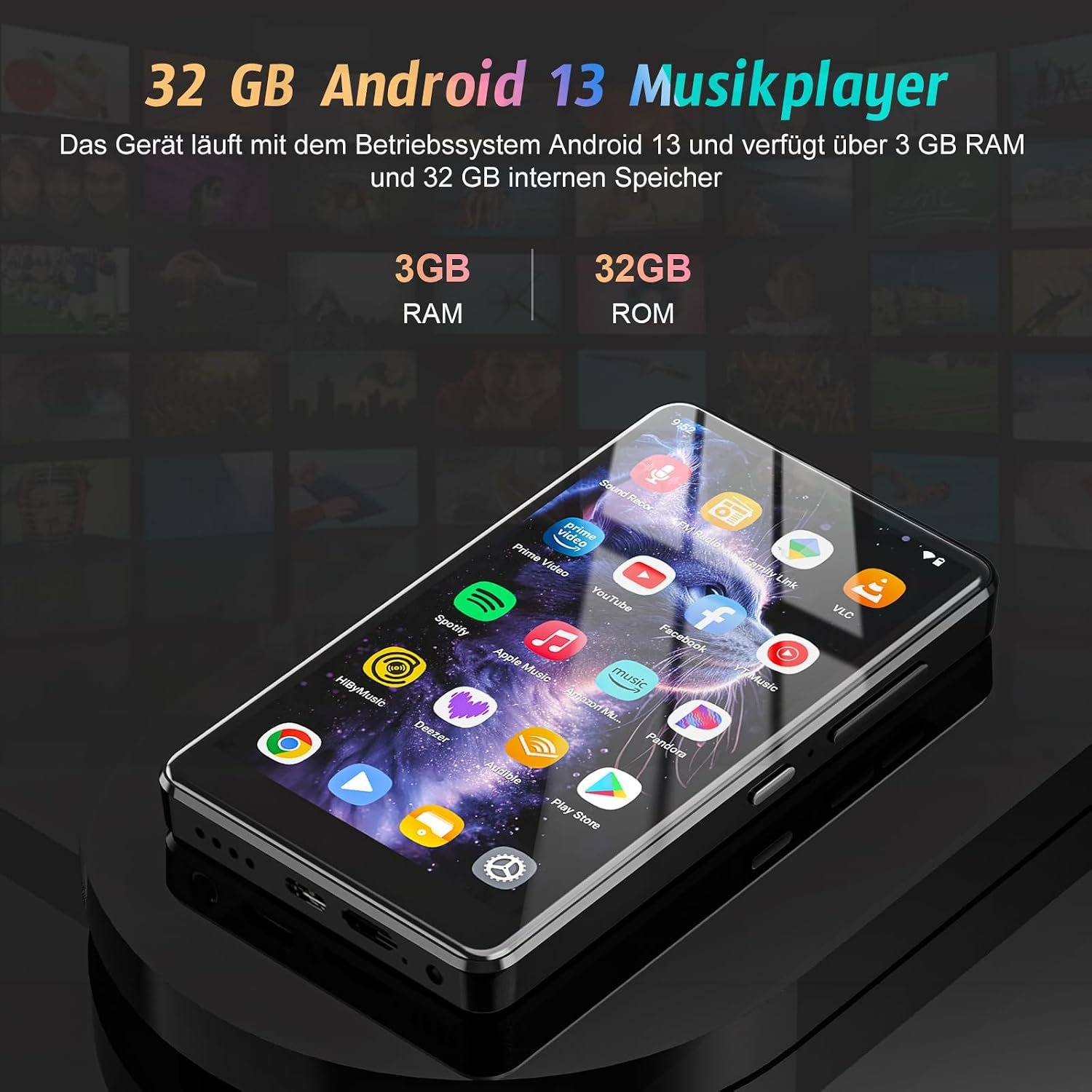 Ein schwarzer Android 13 Musikplayer mit 3GB RAM und 32GB ROM auf dunkler Oberfläche.