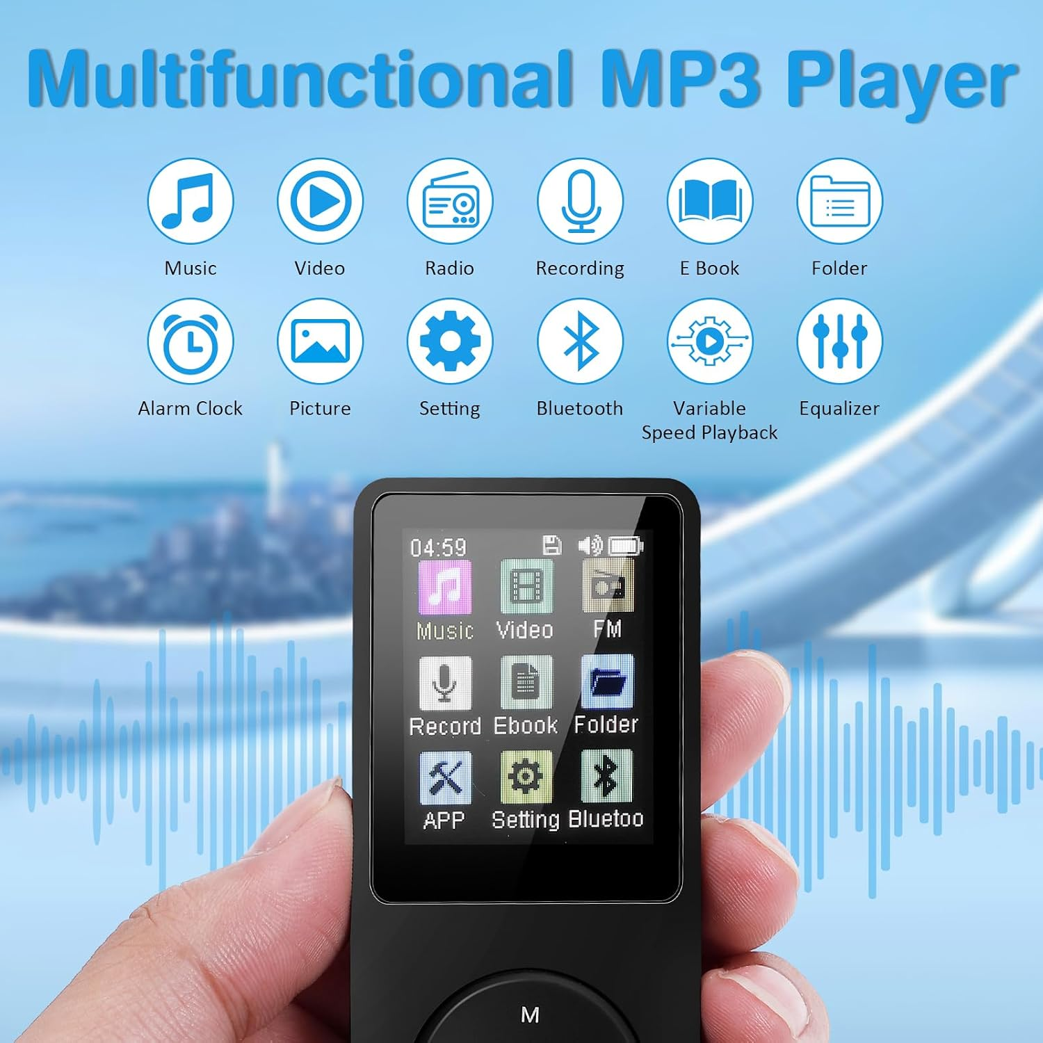Hand hält MP3-Player mit Symbolen wie Musik, Video, Radio und E-Book vor blauem Hintergrund.