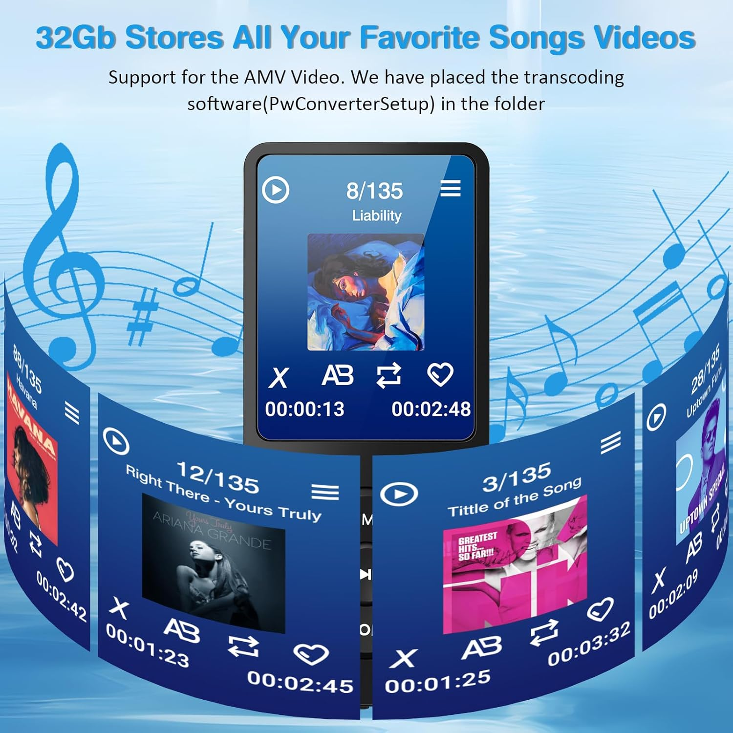 MP3-Player mit Musikwiedergabe-Schnittstelle, Albumcovern und Notensymbolen auf blauem Hintergrund.