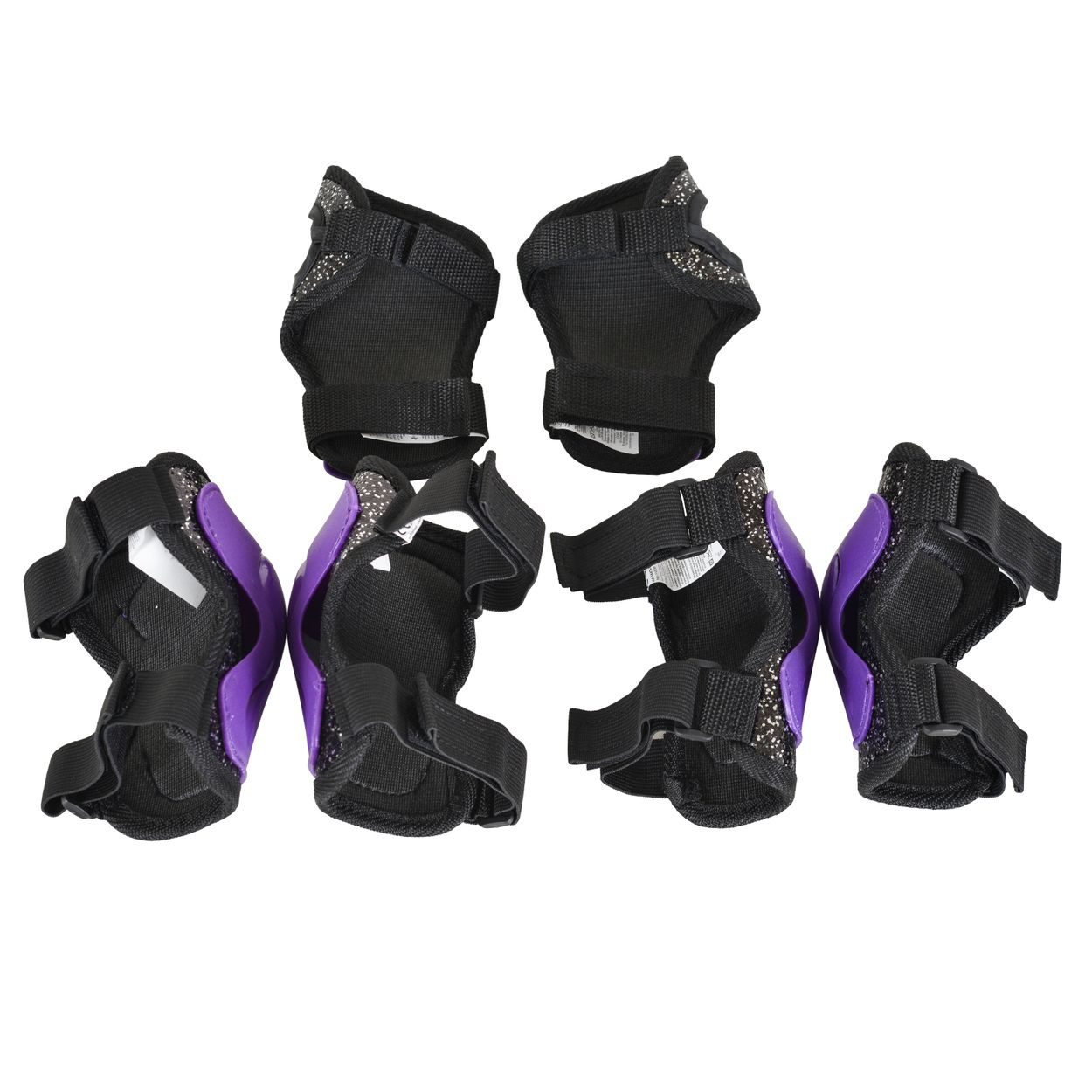 Ein Set aus violetten und schwarzen Schützern mit Riemen, angeordnet auf weißem Hintergrund.
