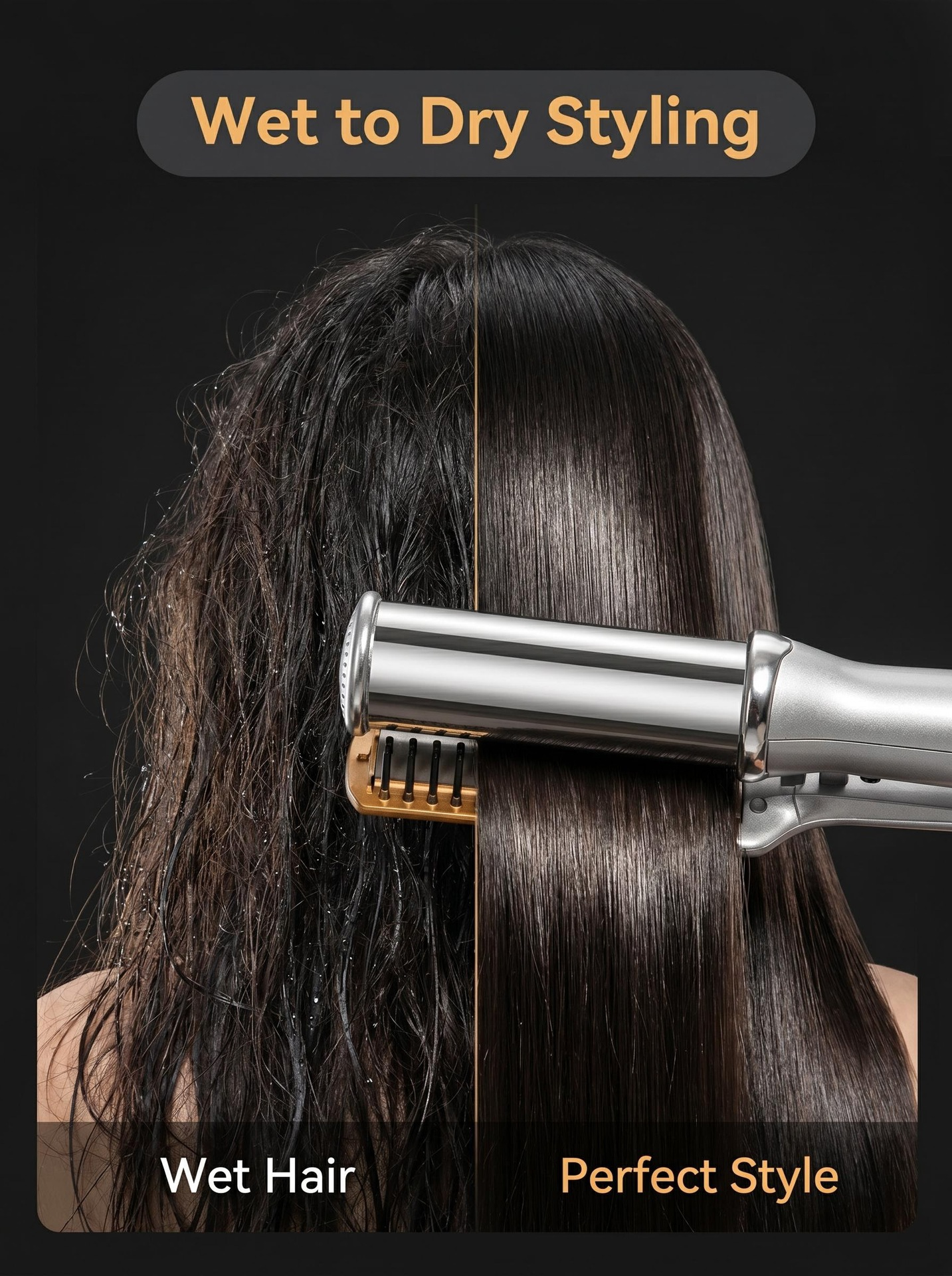 Vergleich von nassem, krausem Haar und glattem, gestyltem Haar bei der Verwendung eines Haarglätters.