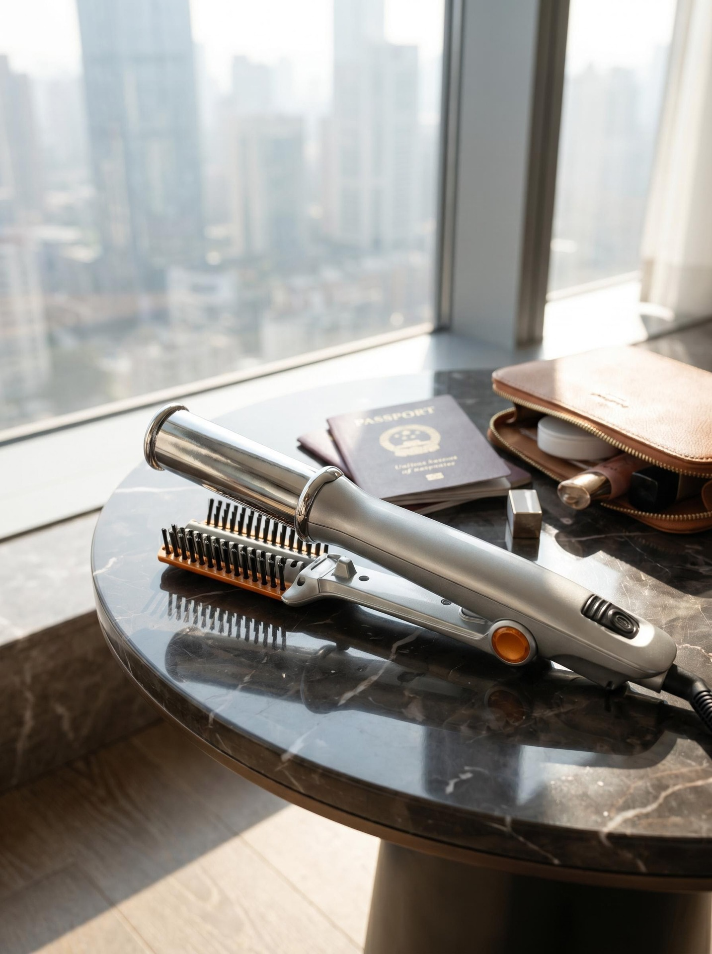 Ein silbernes Haarstyling-Gerät auf einem Marmortisch mit Reisepass und Lederetui vor einer Stadtkulisse.