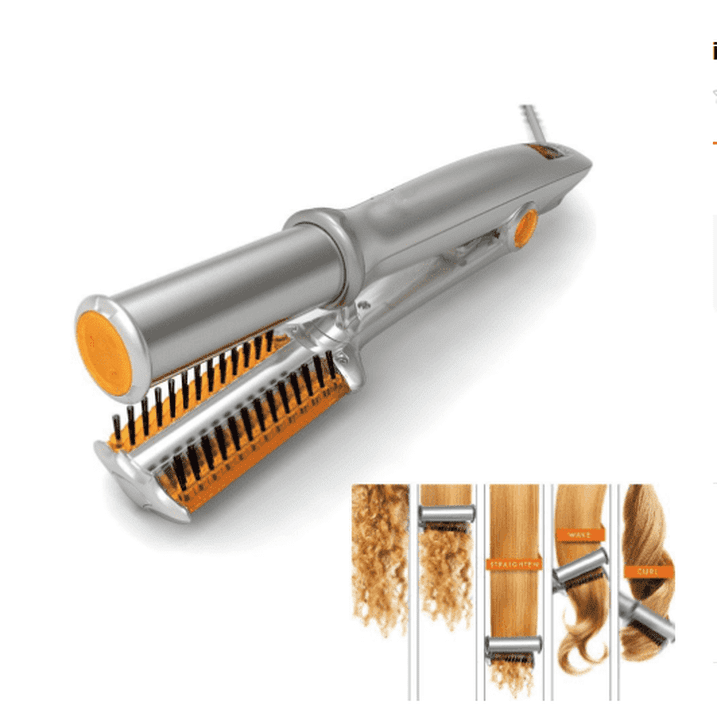 Ein silbernes und oranges Haarstyling-Gerät mit Bürstenborsten, unten mit Beispielen.