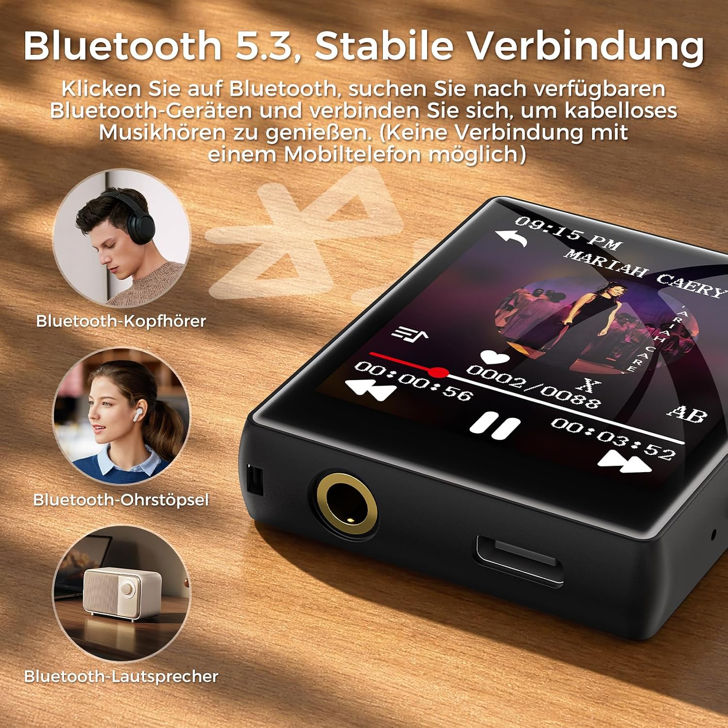 Ein MP3-Player auf Holzoberfläche mit Bluetooth-Icons und Beispielen für verbundene Geräte wie Kopfhörer und Lautsprecher.