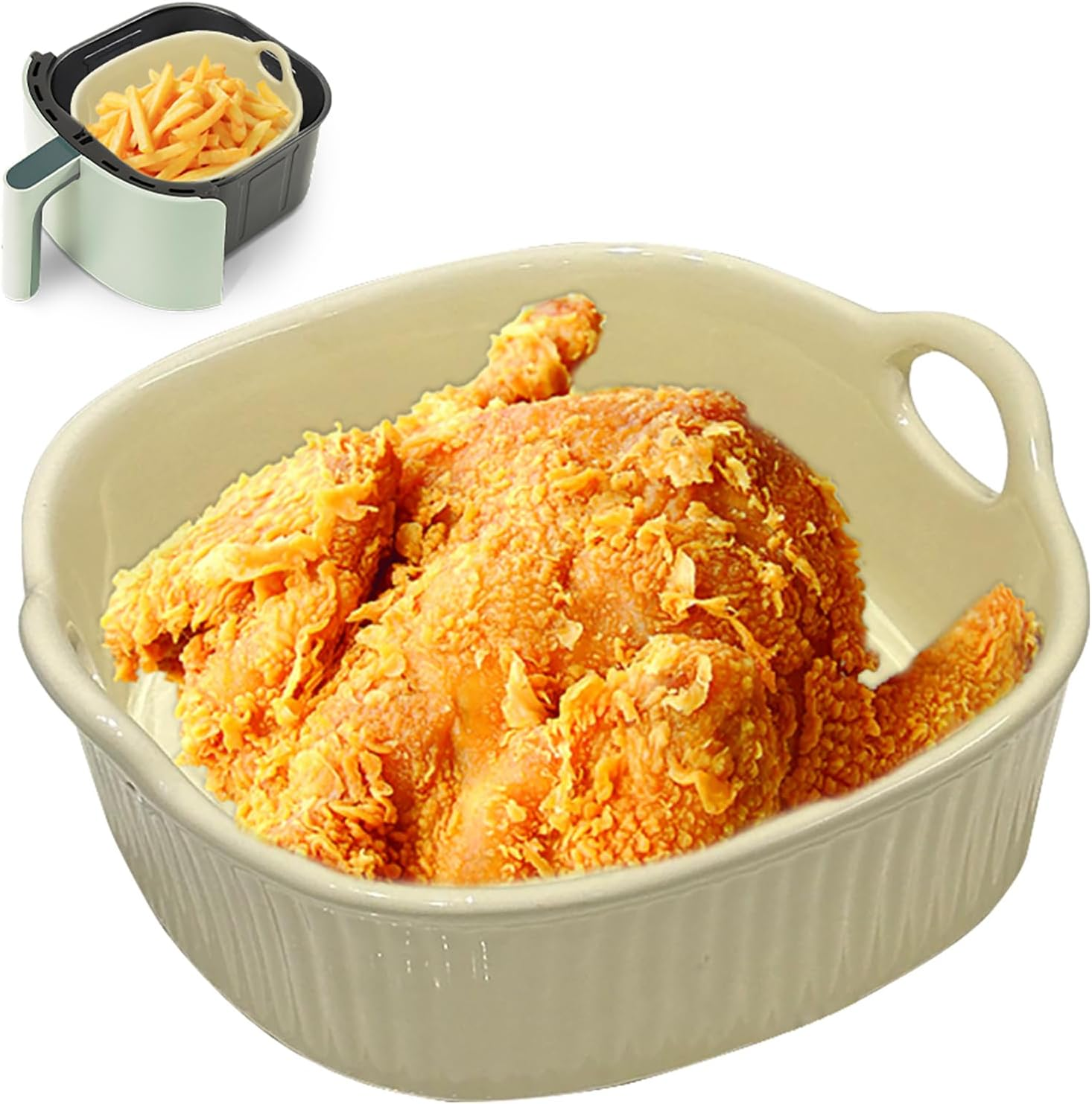 Goldbraunes Hähnchen in einer Auflaufform, im Hintergrund eine Heißluftfritteuse mit Pommes.