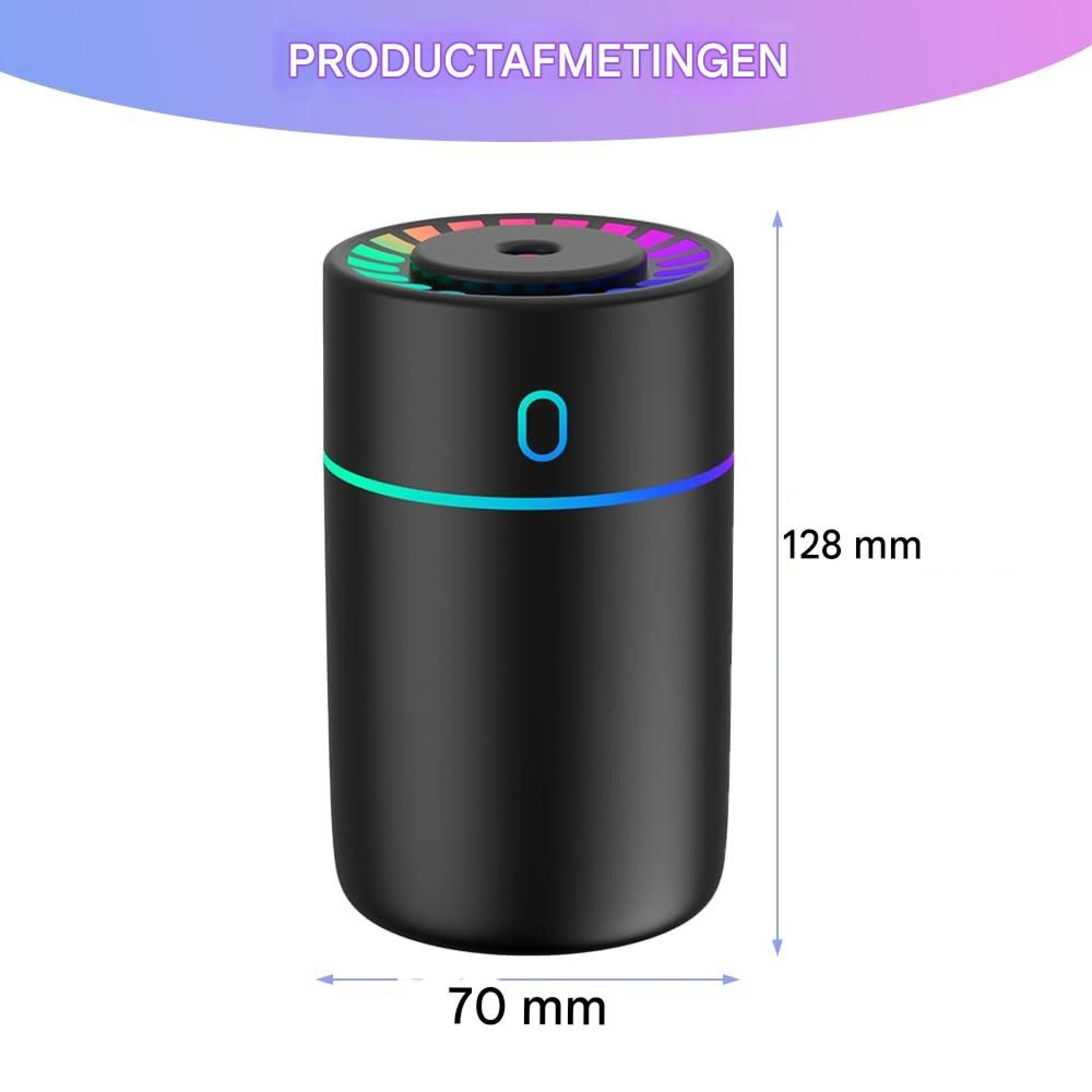 Schwarzer Luftbefeuchter mit LED-Beleuchtung und Maßen von 70 mm Breite und 128 mm Höhe.