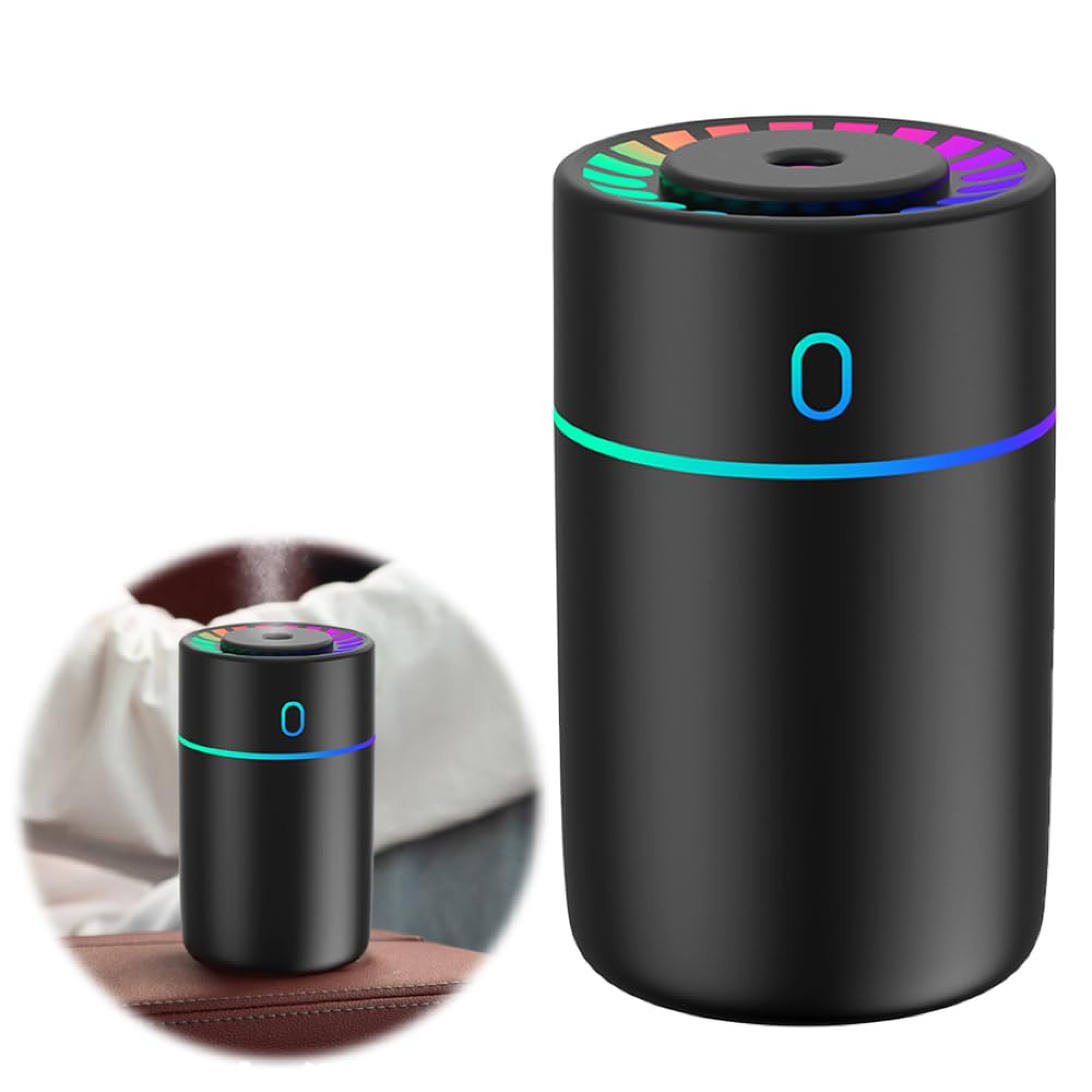 Schwarzer Mini-Luftbefeuchter mit bunten LED-Lichtern.