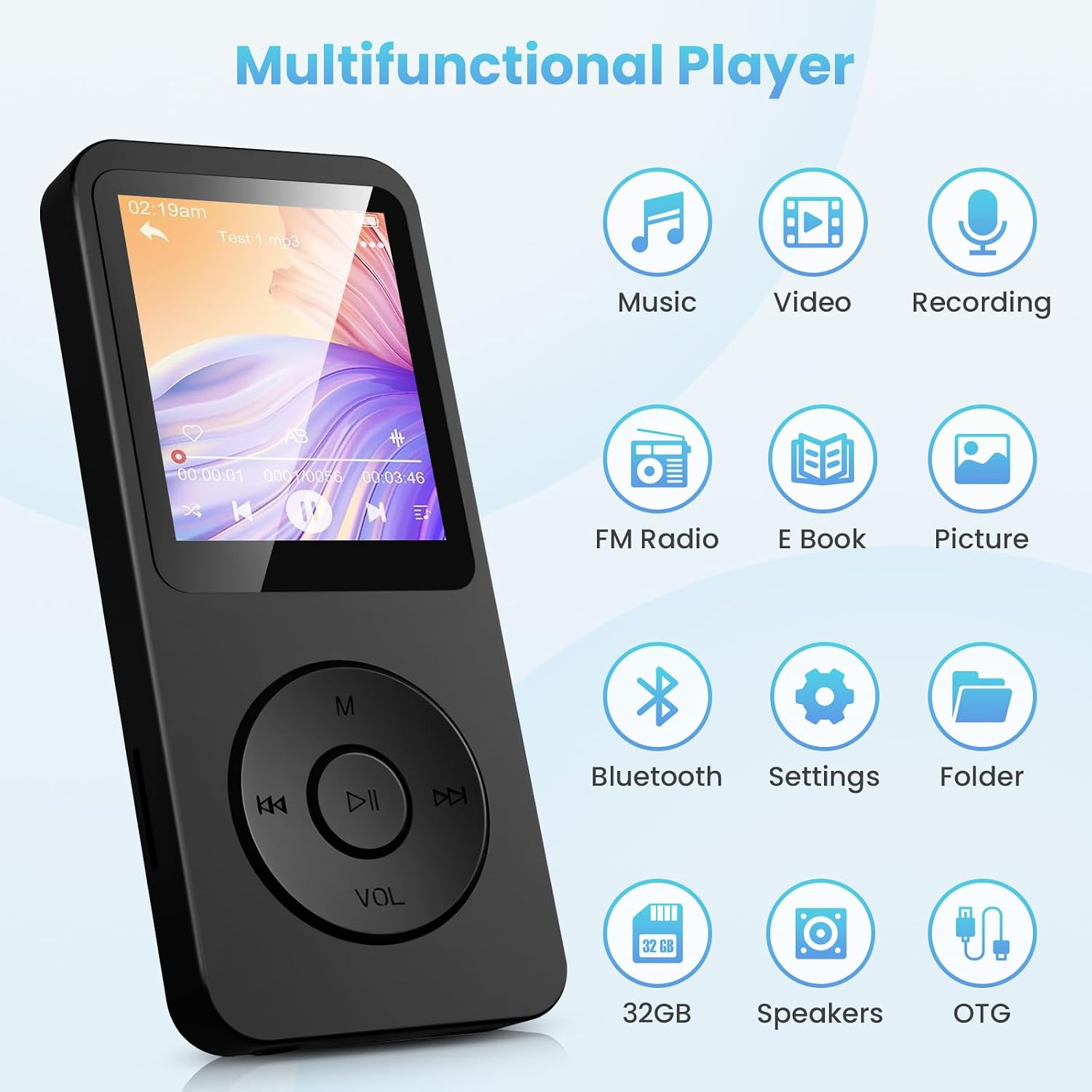 Schwarzer Multifunktions-MP3-Player mit bunten Menüoptionen wie Musik, Video und Bluetooth.