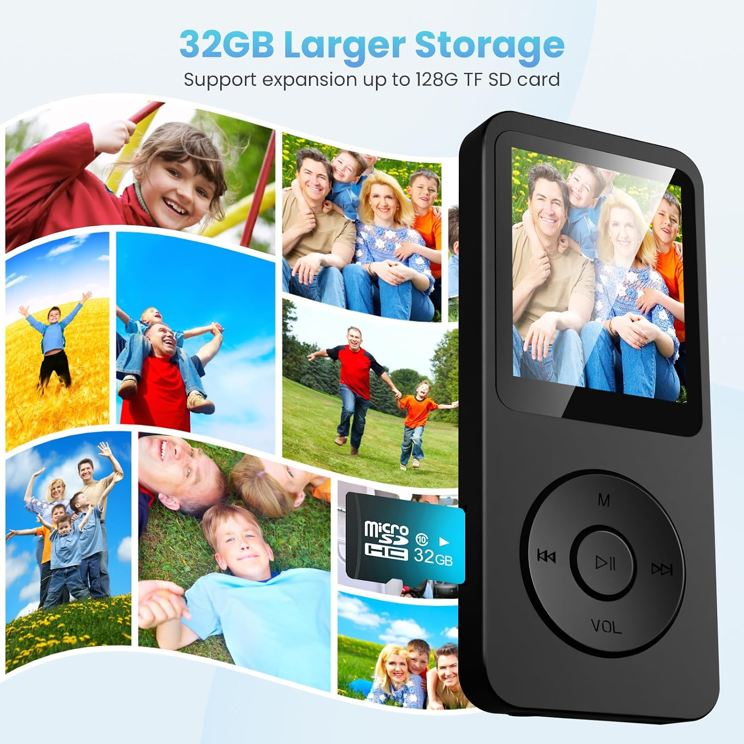 Schwarzer MP3-Player mit 32GB Speicher, gezeigt mit Fotos von Familien und einer MicroSD-Karte.