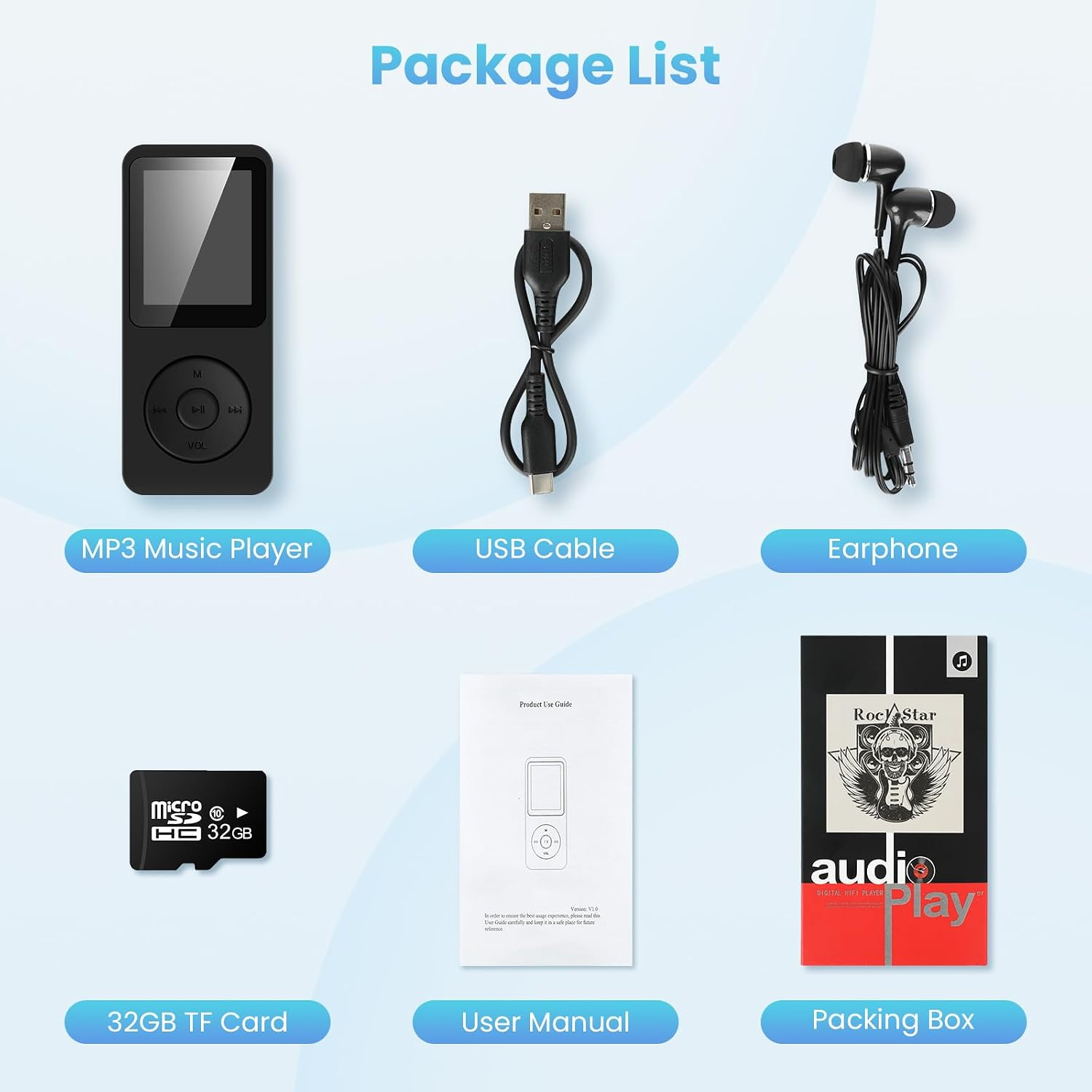 Paketliste zeigt MP3-Player, USB-Kabel, Ohrhörer, 32GB TF-Karte, Handbuch und Verpackung.
