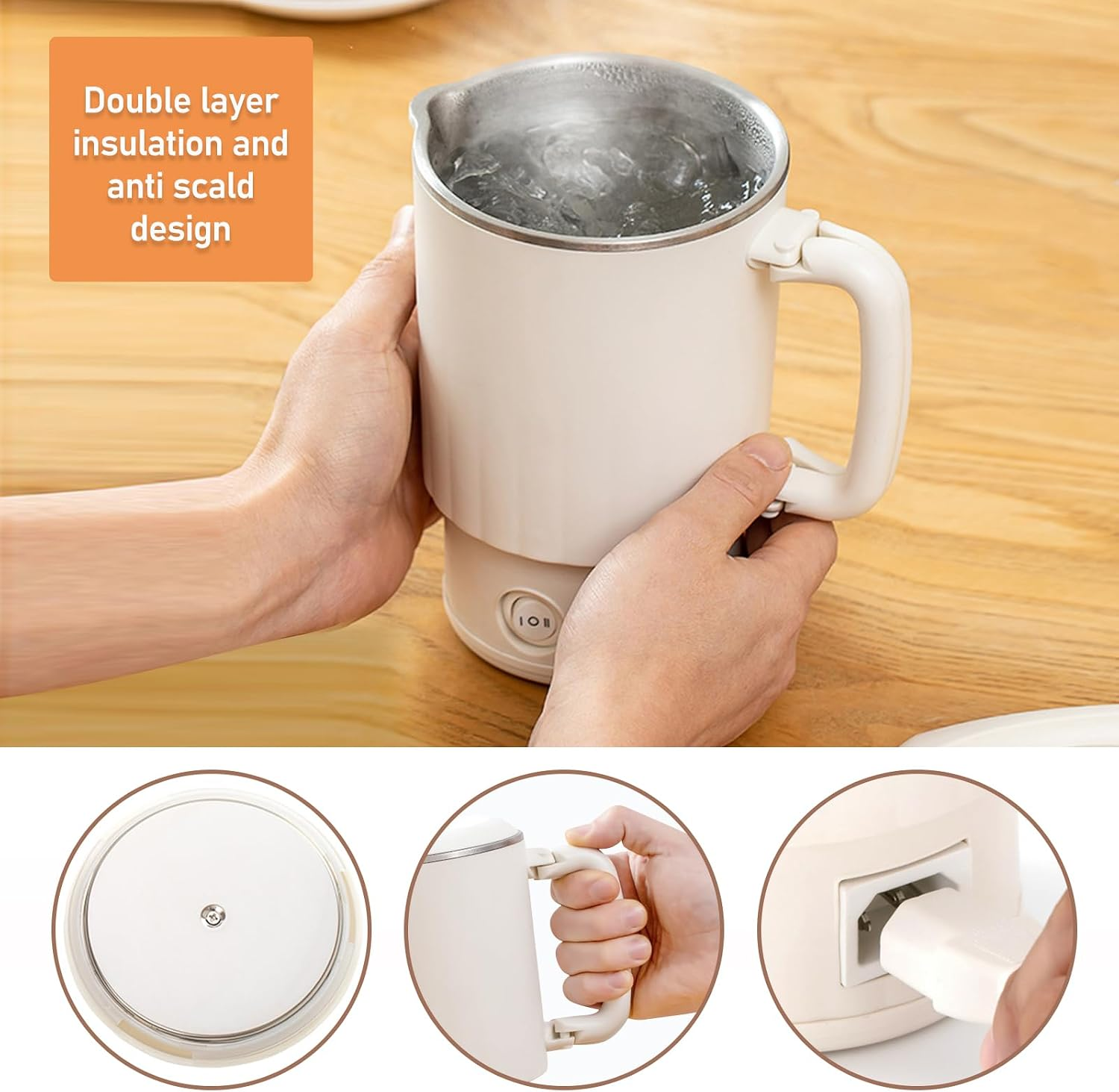 Eine Person hält einen weißen elektrischen Becher mit Wasser, mit orangem Text und drei Detailkreisen unten.