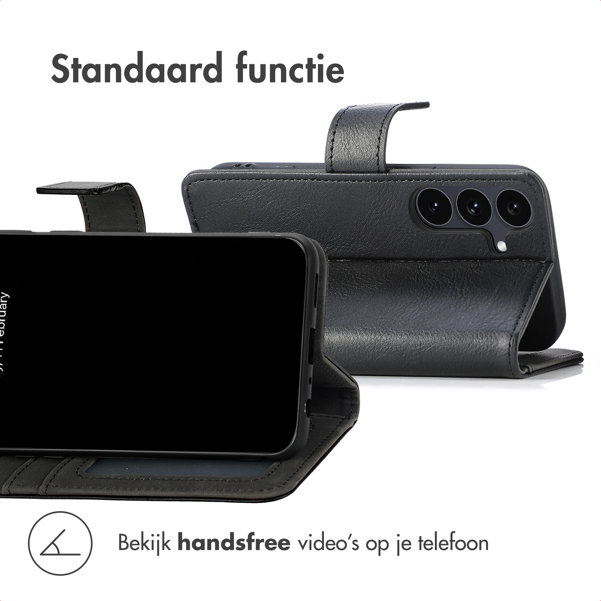 Schwarze Leder-Handyhülle mit Standfunktion zeigt Telefonbildschirm und Kamerarückseite.