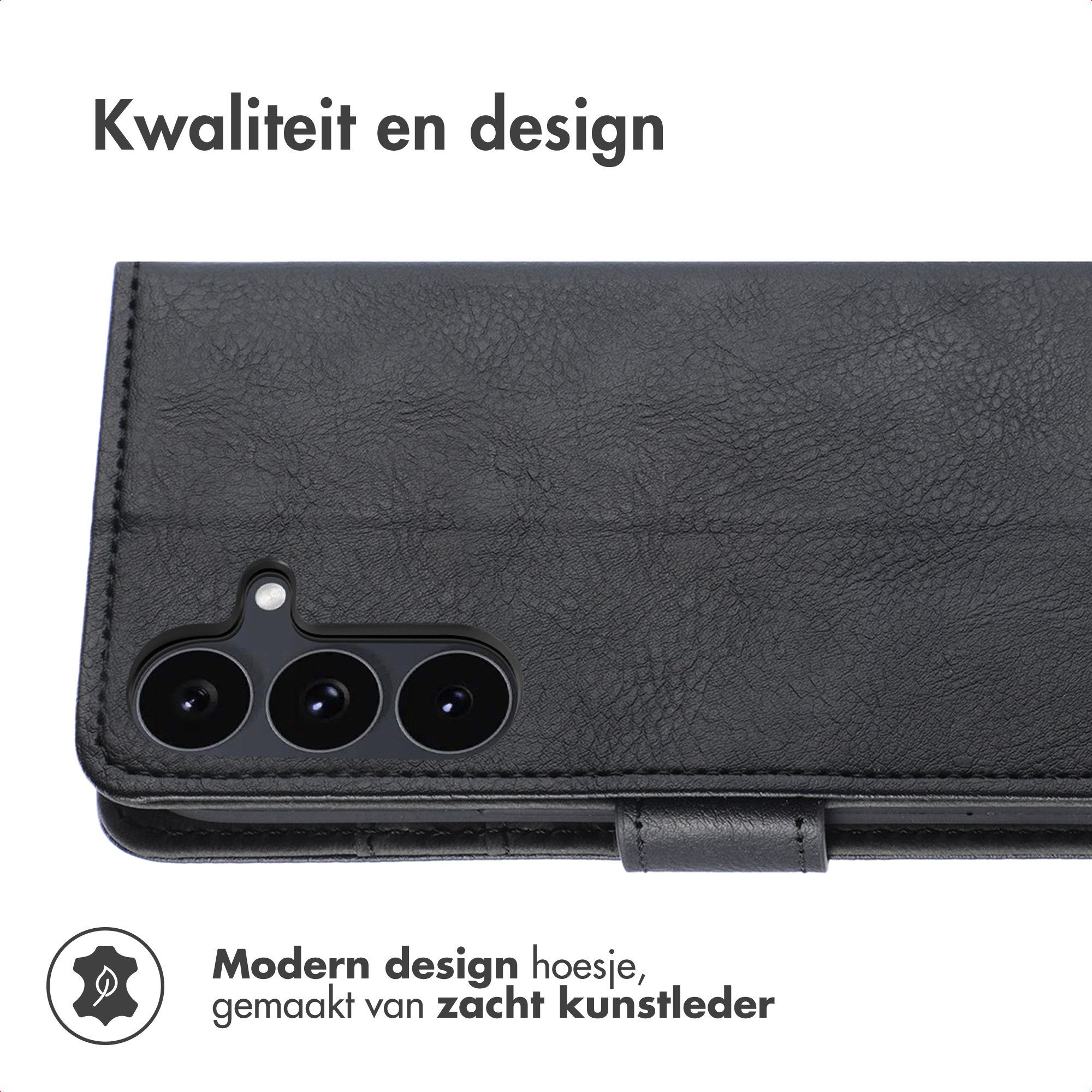 Schwarze Kunstleder-Handyhülle mit Kameraaussparung und Text.