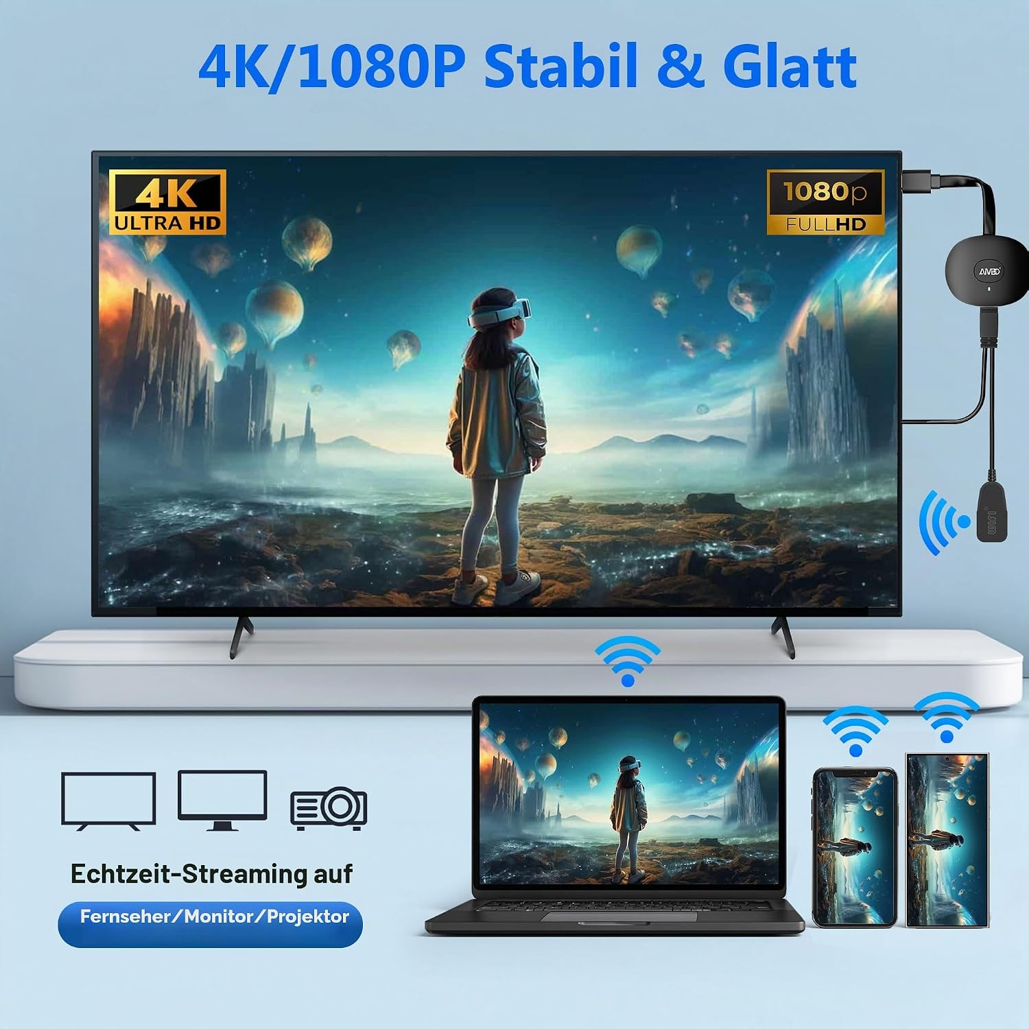 Ein Fernseher zeigt eine Fantasielandschaft, drahtlos verbunden mit einem Laptop und zwei Smartphones.