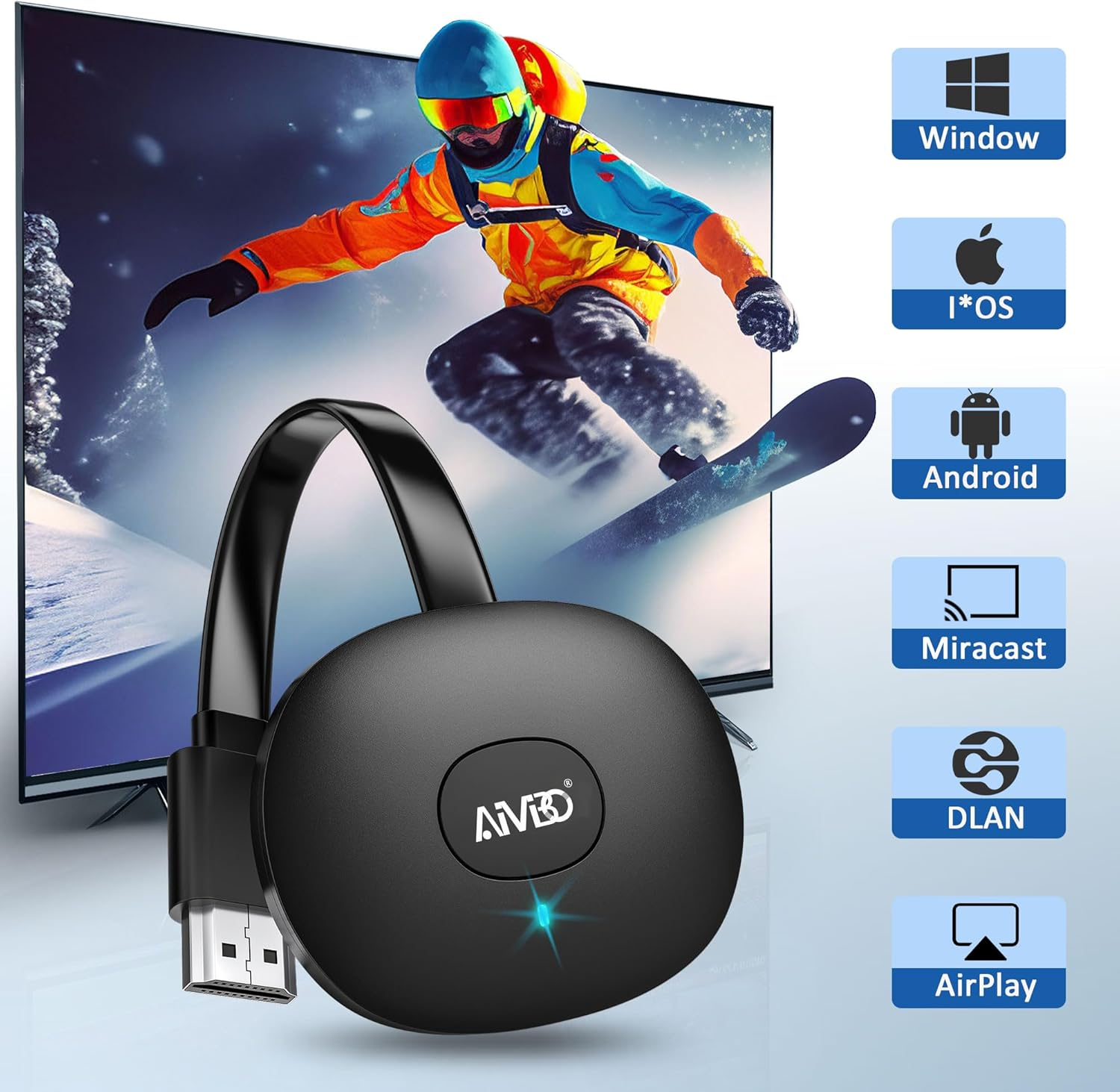 Ein schwarzer WLAN-Display-Adapter im Vordergrund, ein Fernseher mit Snowboarder und Icons rechts.