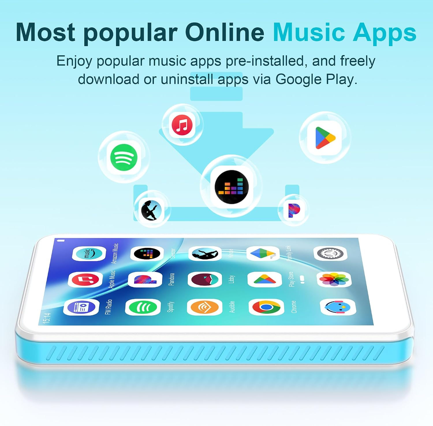 Ein weiß-blaues Gerät zeigt verschiedene Musik-Apps auf dem Bildschirm.