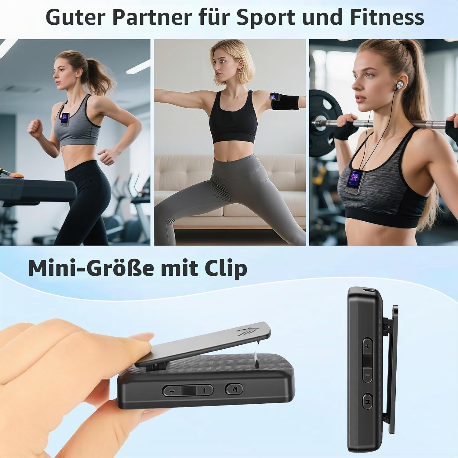 Frauen zeigen einen kleinen MP3-Player mit Clip bei verschiedenen Sportarten.