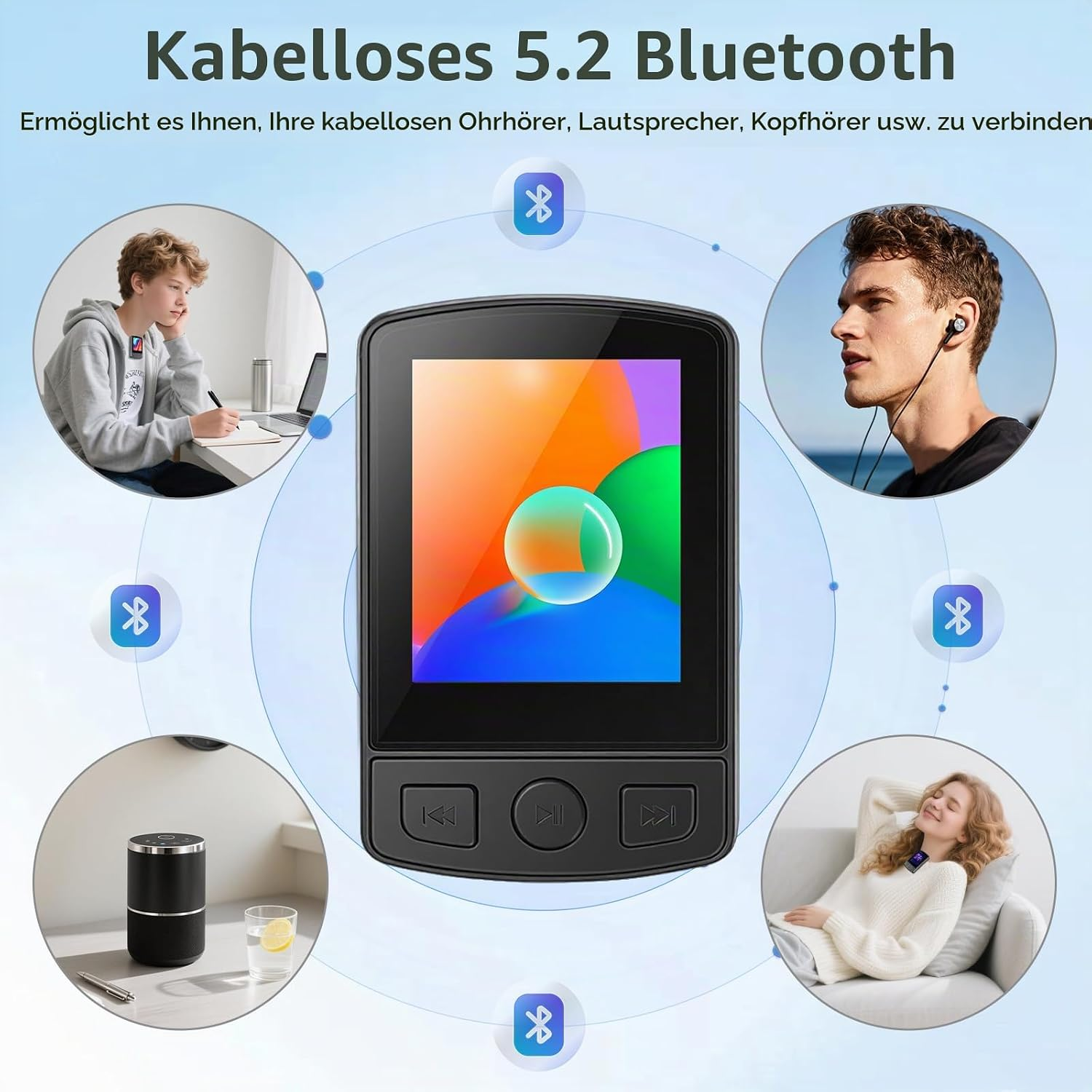 Bluetooth 5.2 MP3-Player mit kabellosen Verbindungsoptionen zu Kopfhörern und Lautsprechern.