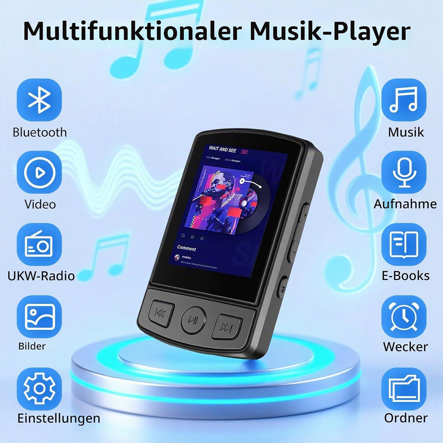 Ein schwarzer, multifunktionaler Musikplayer steht auf einem leuchtend blauen Podest, umgeben von Funktionssymbolen.