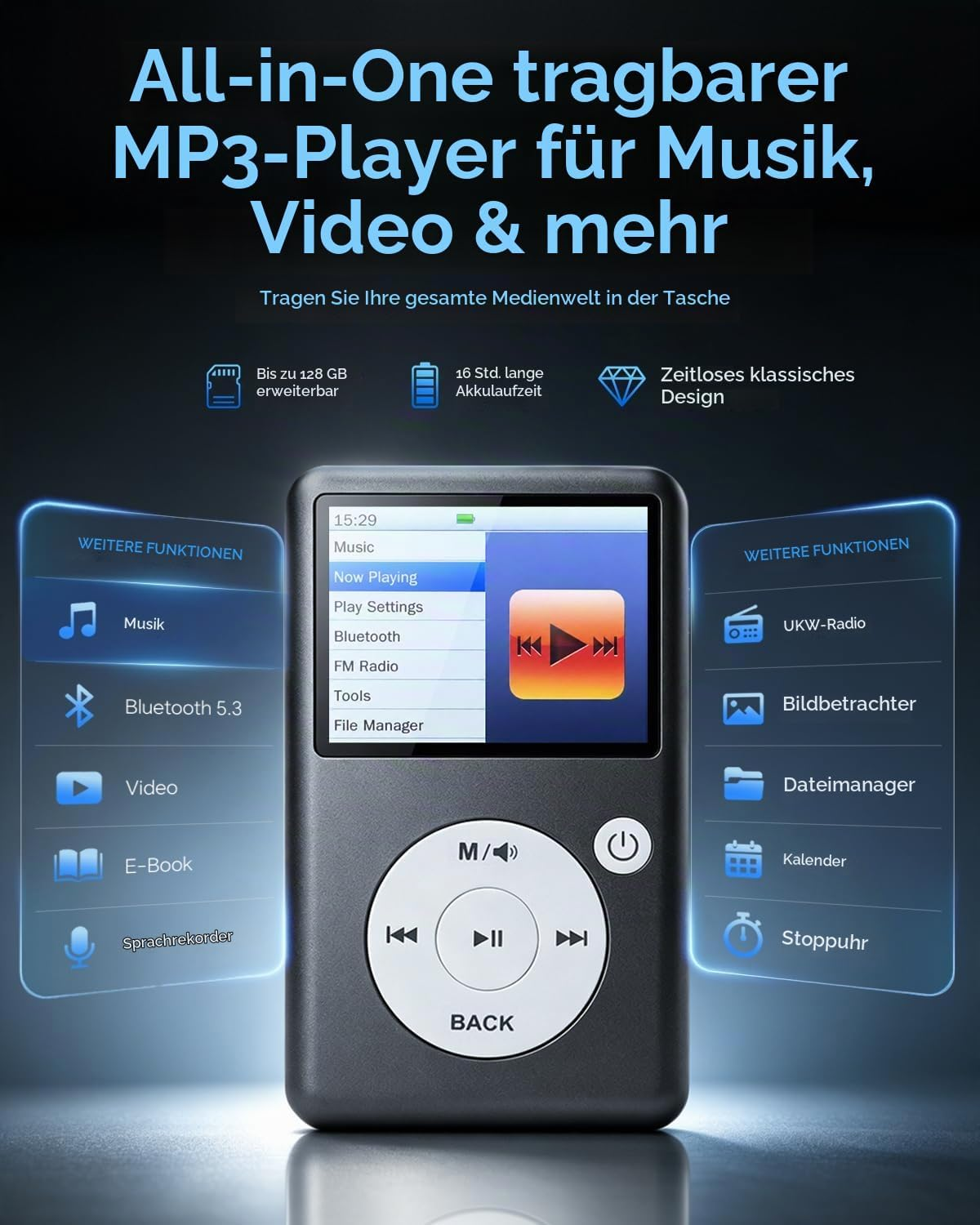Ein schwarzer MP3-Player mit Musikmenü und Steuertasten, umgeben von leuchtenden Funktionslisten.