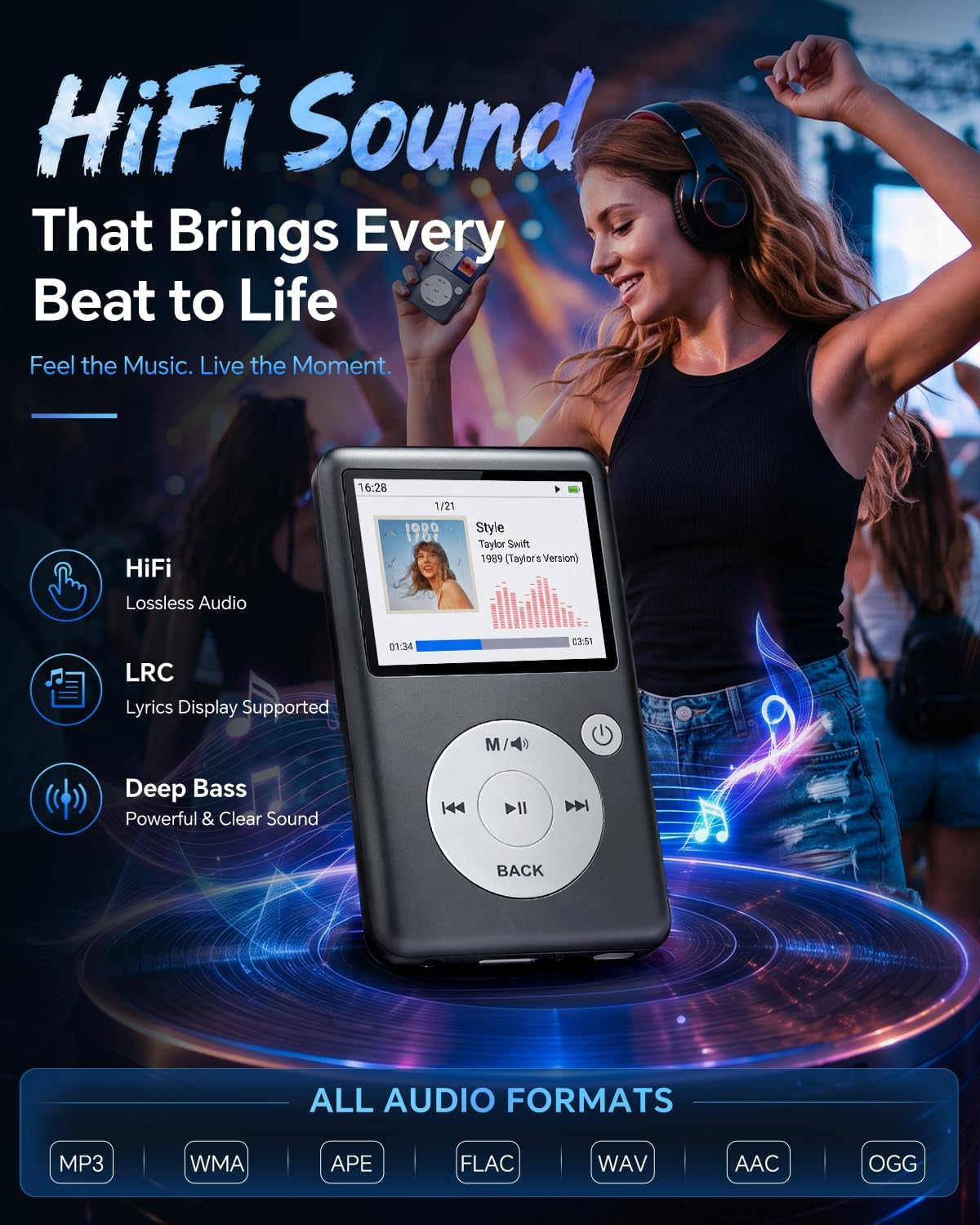 Ein digitaler Audioplayer steht im Vordergrund, während eine junge Frau im Hintergrund mit Kopfhörern tanzt.