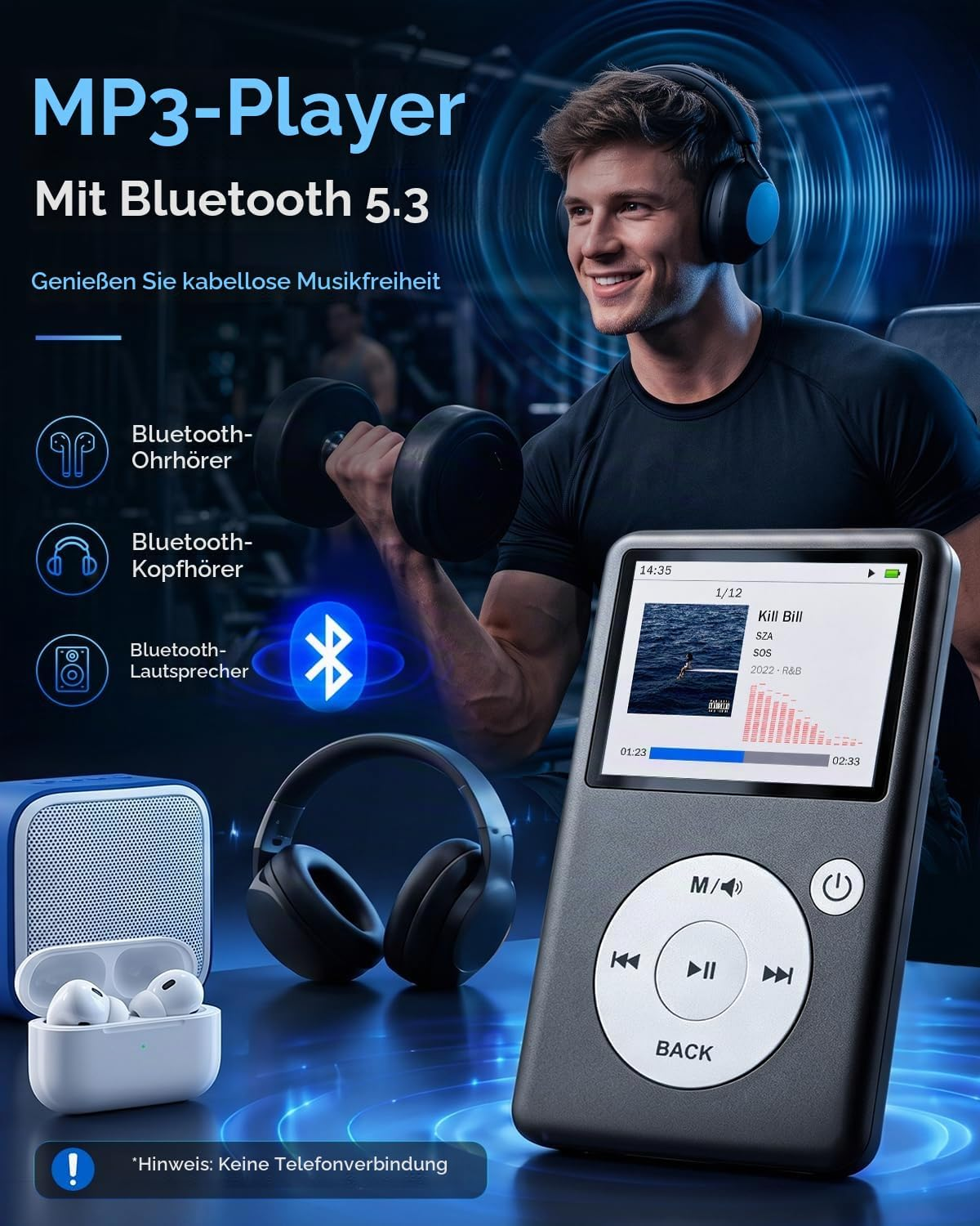 MP3-Player mit Bluetooth, Kopfhörern, Ohrhörern und Lautsprechern, während ein Mann im Fitnessstudio trainiert.