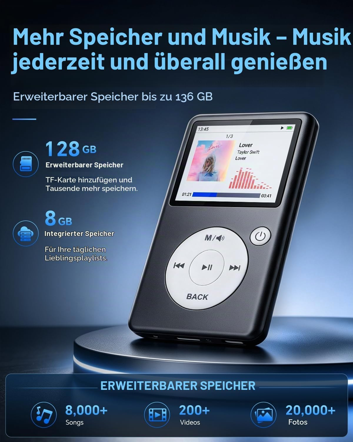 Ein schwarzer MP3-Player mit Display, Musikwiedergabe-Oberfläche und Navigationstasten vor blauem Hintergrund.