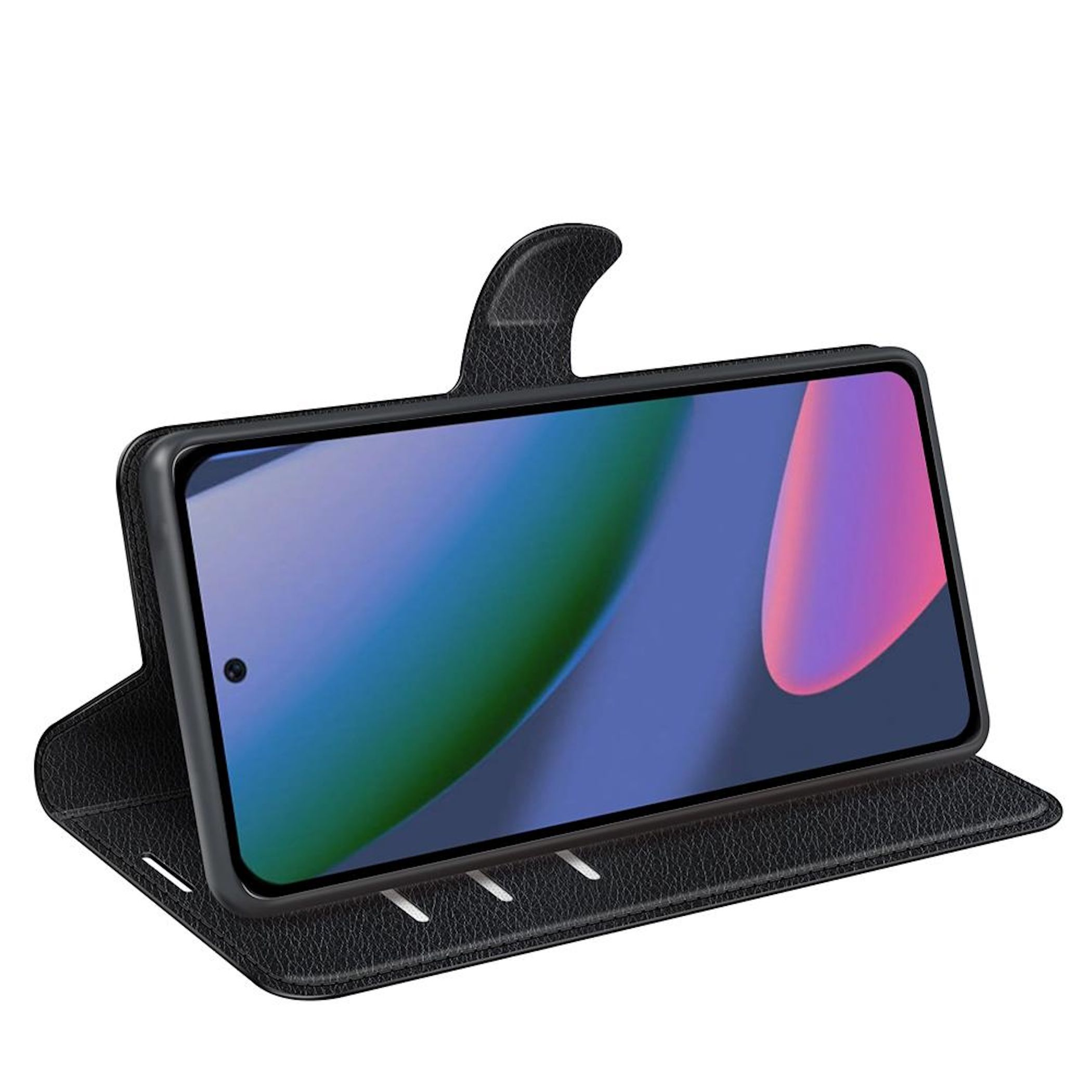 Ein schwarzes Smartphone in einer Lederhülle mit Standfunktion auf weißem Hintergrund.