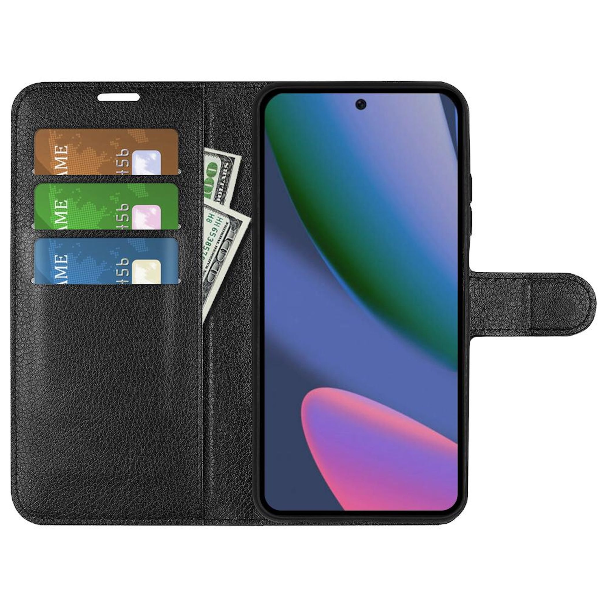 Schwarze Leder-Handyhülle mit drei Kartenfächern, Geldscheinen und einem Smartphone mit farbigem Display.