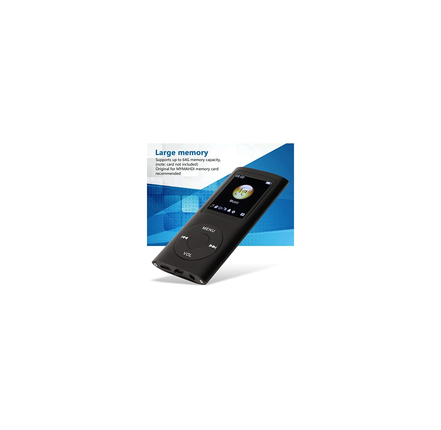 Schwarzer MP3-Player auf blauem Hintergrund mit Musik-Icon auf dem Bildschirm und Text zur Speicherkapazität.