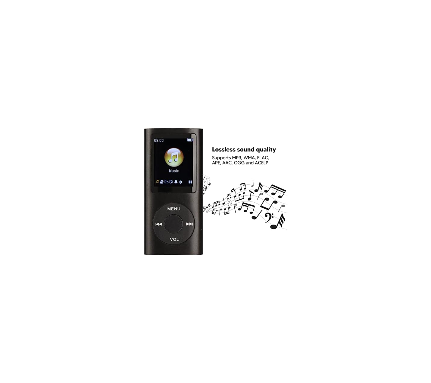 Schwarzer MP3-Player mit Farbdisplay und Musiknoten, die für verlustfreie Klangqualität werben.