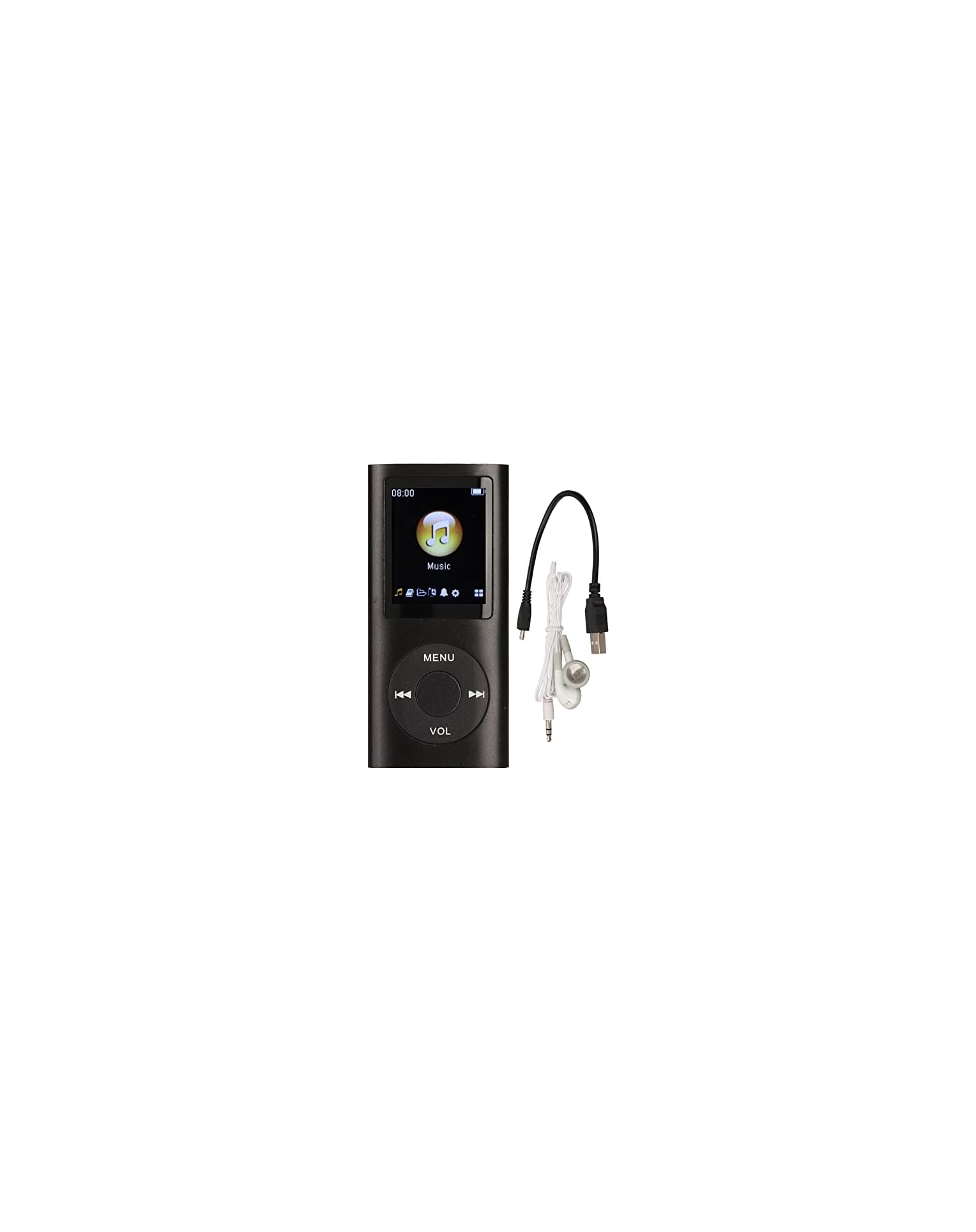 Schwarzer MP3-Player mit Display, weißen Kopfhörern und einem schwarzen USB-Kabel auf weißem Hintergrund.