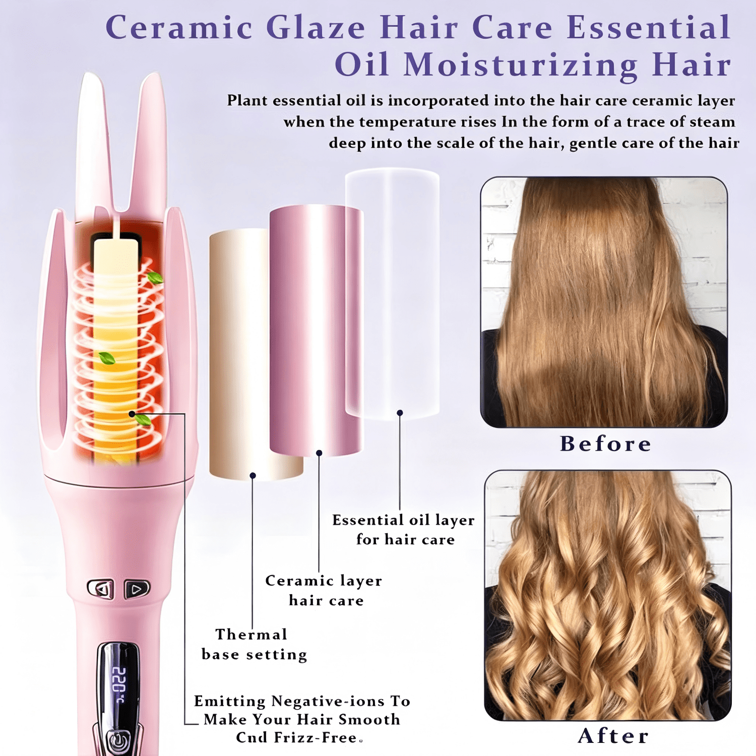 Infografik zeigt einen rosa Haarglätter mit Keramikschicht und vorher-nachher Bildern von gewelltem Haar.